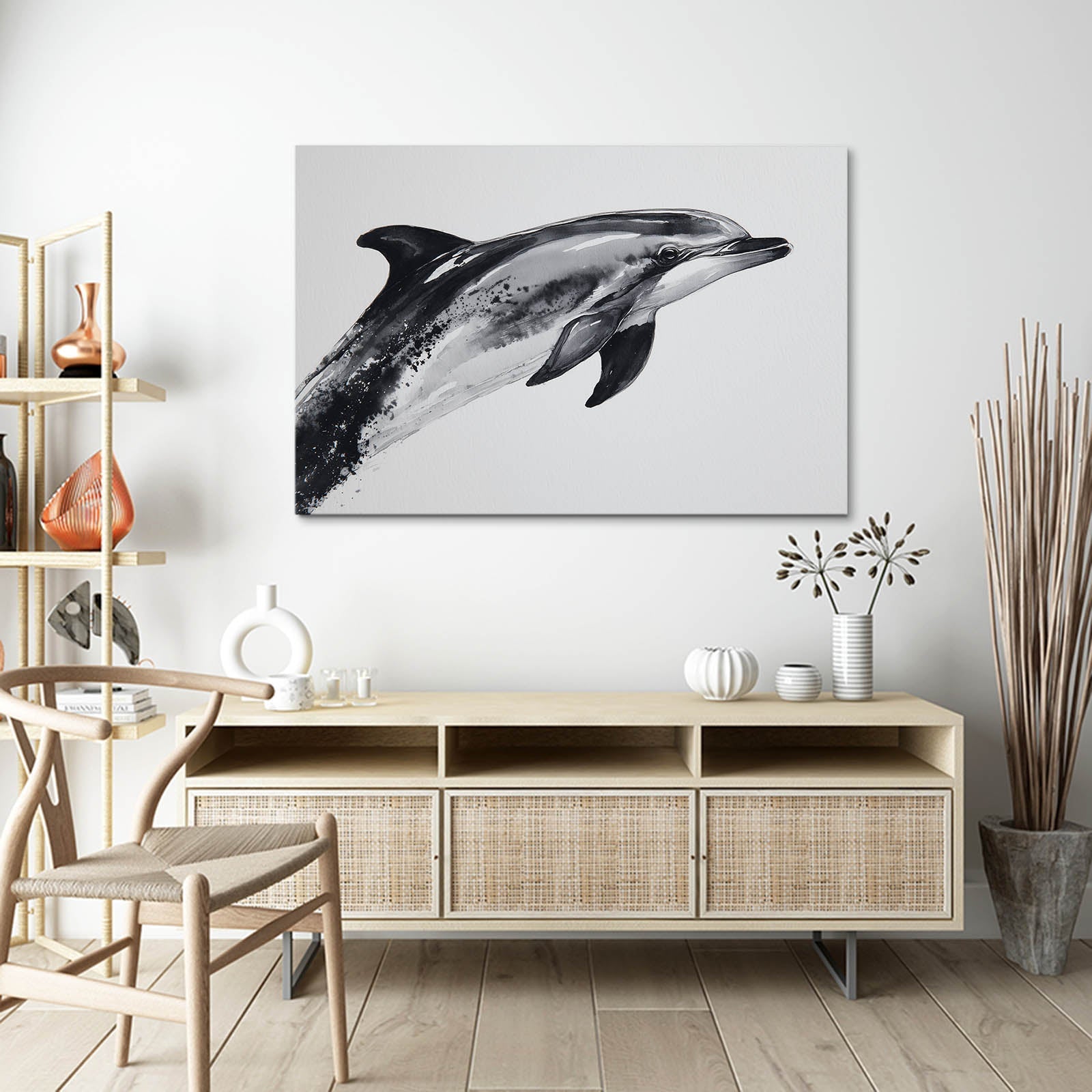 Grey Ink Wash Dolphin Art – styled in a furnished interior