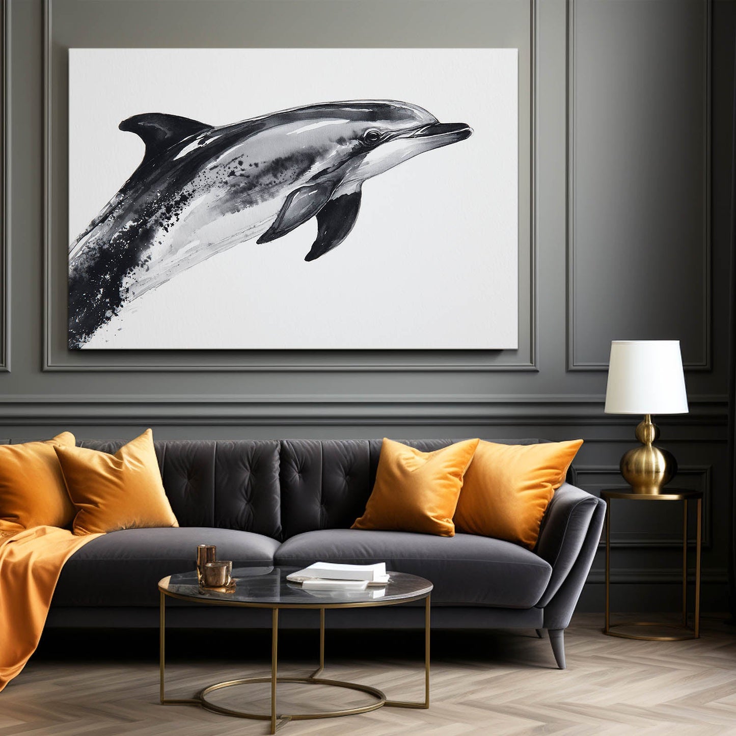 Grey Ink Wash Dolphin Art – styled in a furnished interior