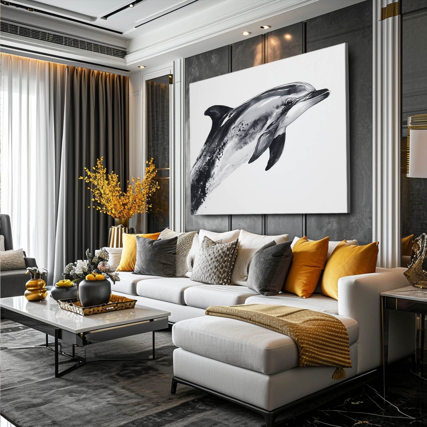 Grey Ink Wash Dolphin Art – styled in a furnished interior