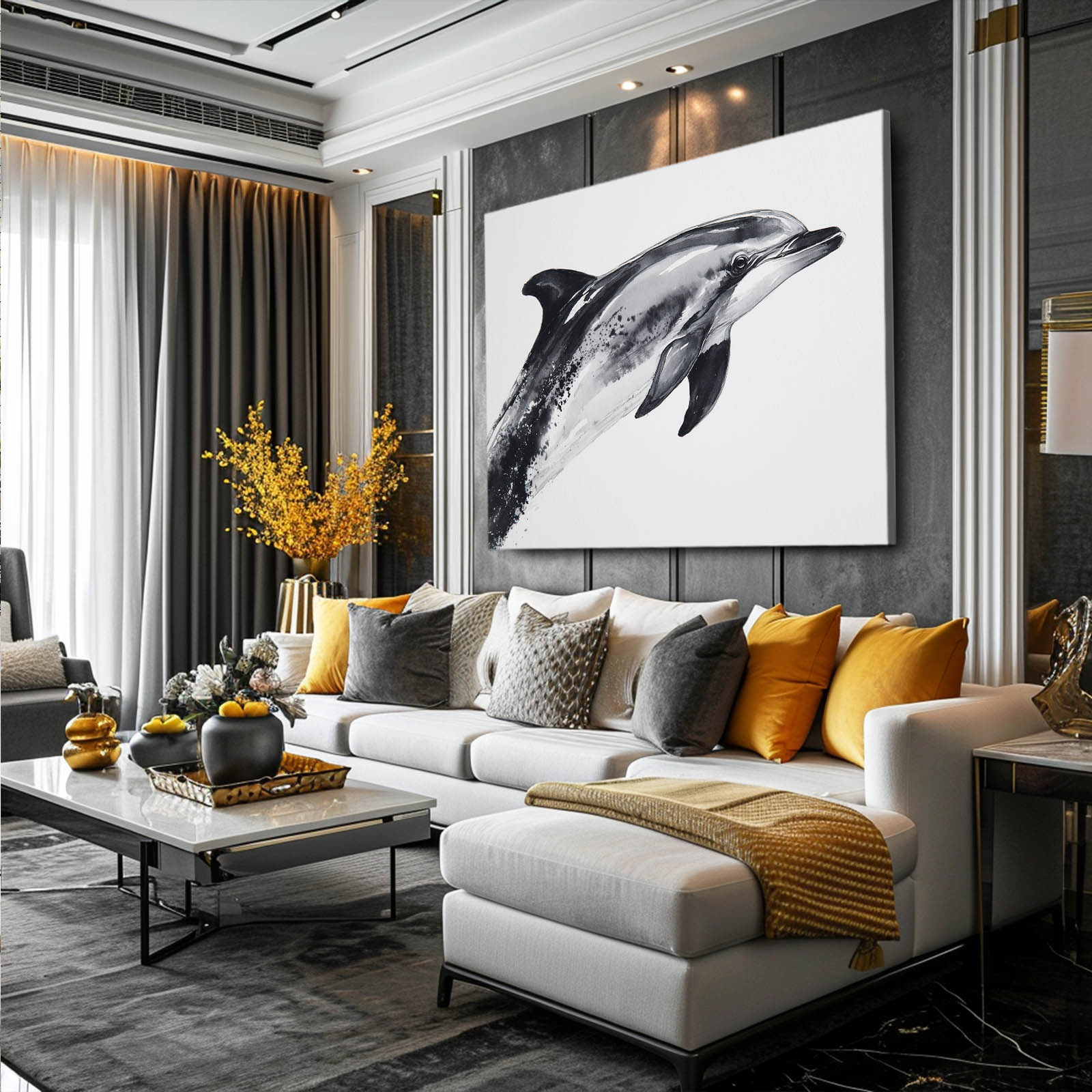 Grey Ink Wash Dolphin Art – styled in a furnished interior