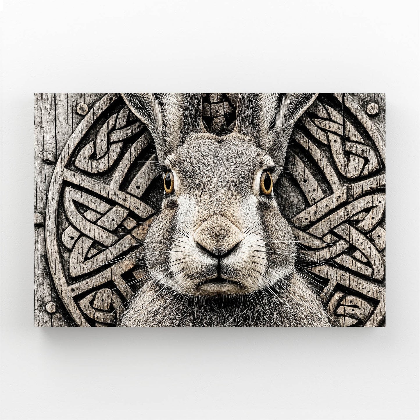 Grey Rabbit Wall Art – angled canvas view on white background