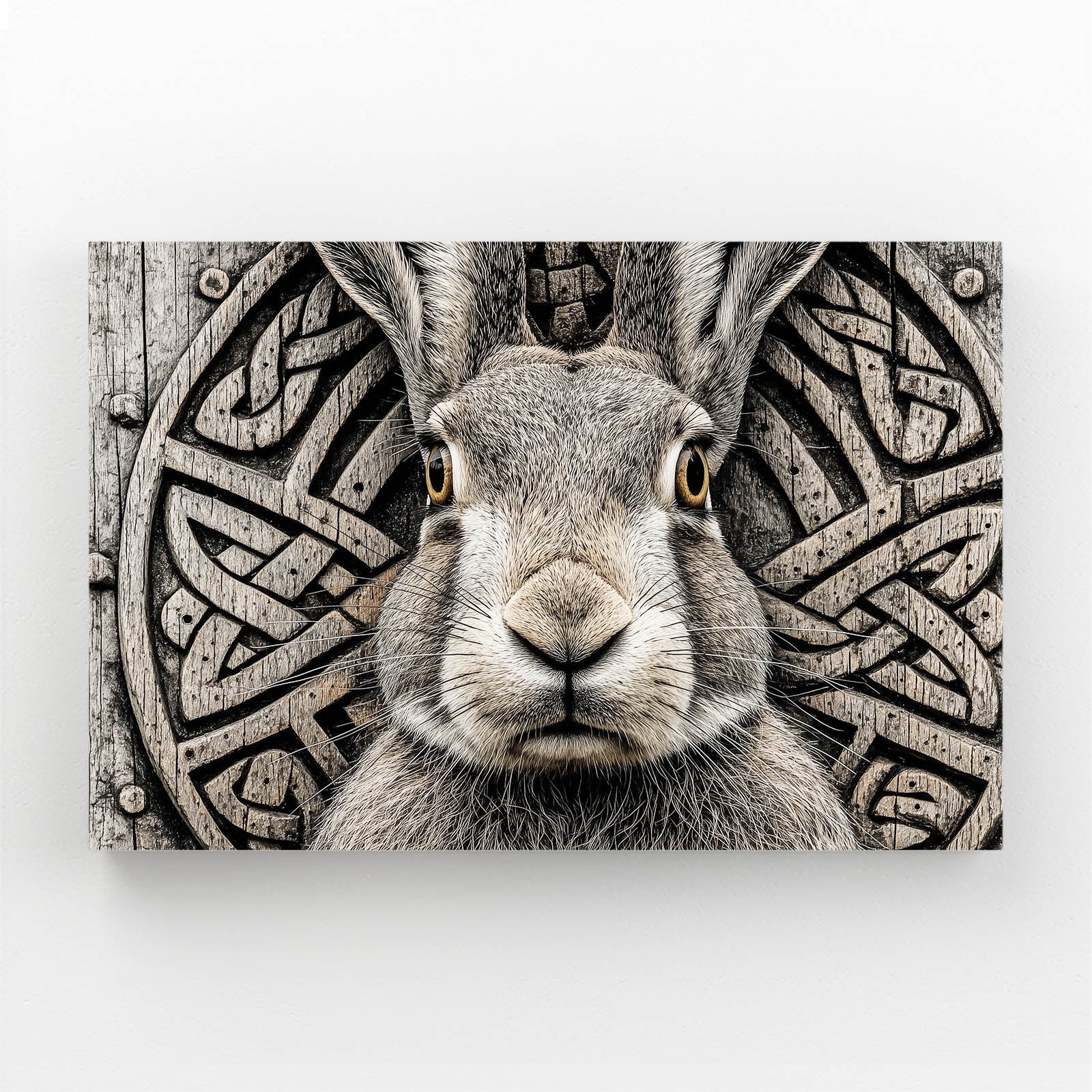 Grey Rabbit Wall Art – angled canvas view on white background