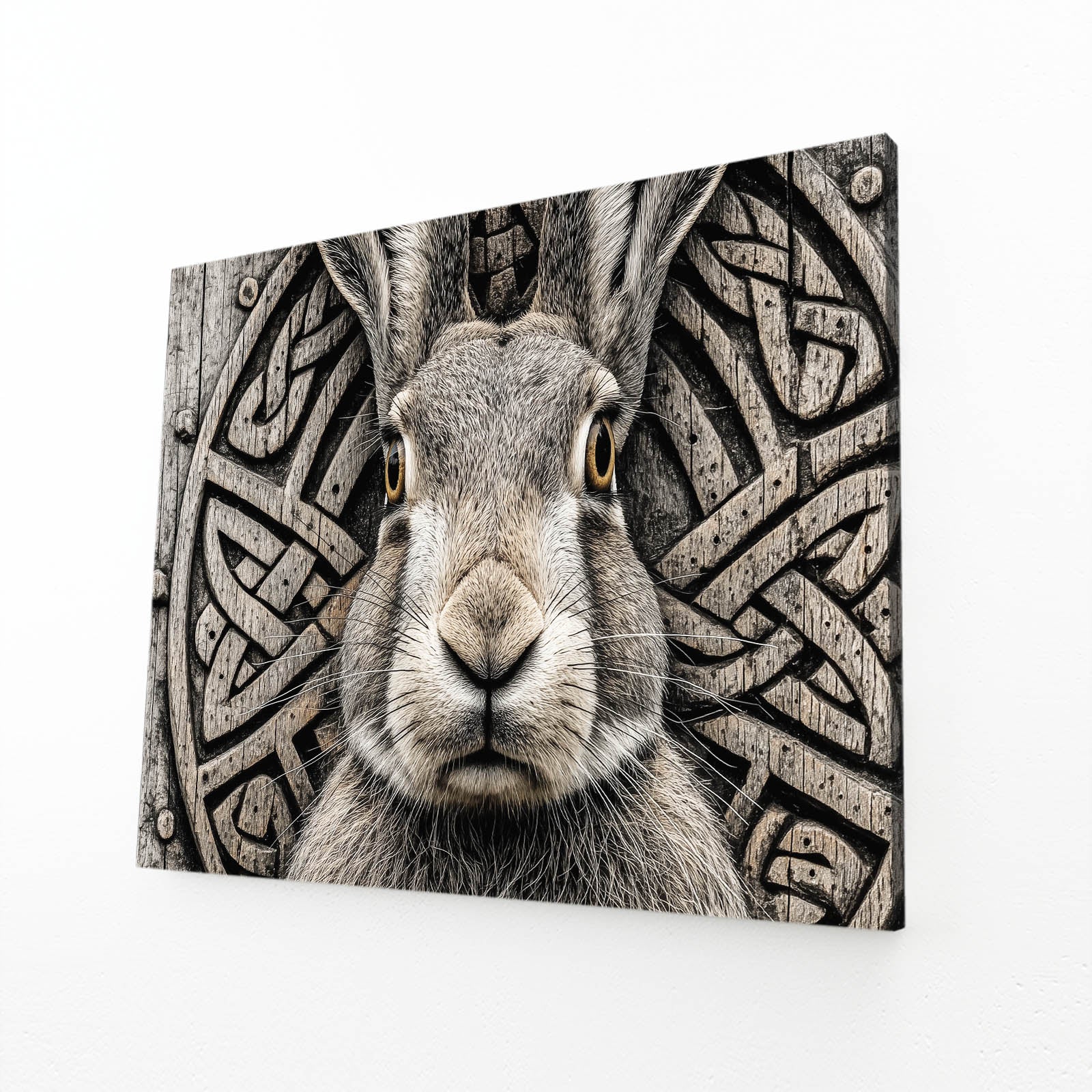 Grey Rabbit Wall Art – angled canvas view on white background