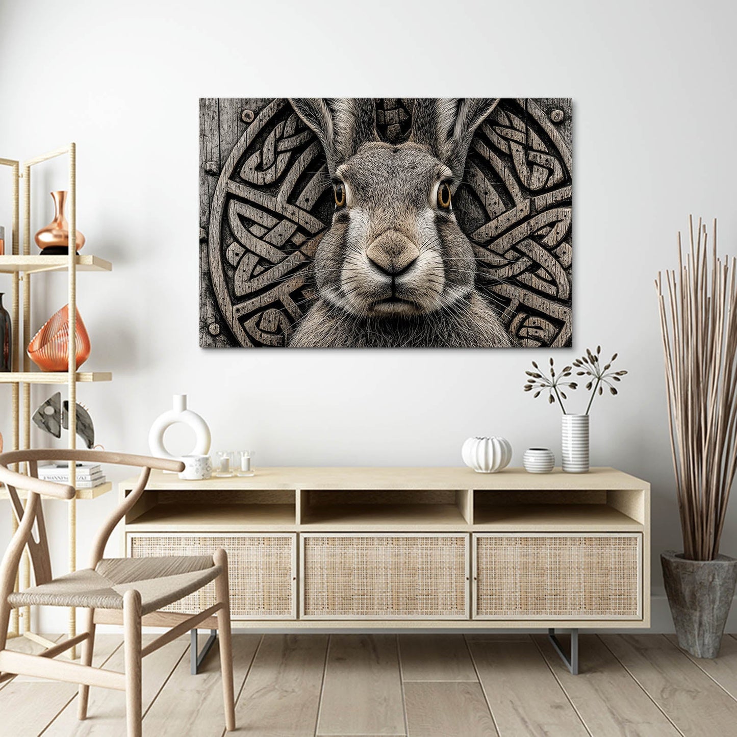 Grey Rabbit Wall Art – angled canvas view on white background