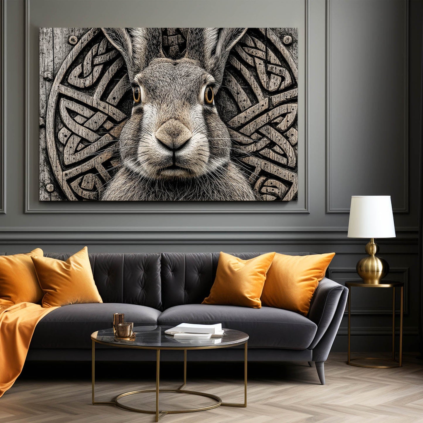 Grey Rabbit Wall Art – angled canvas view on white background