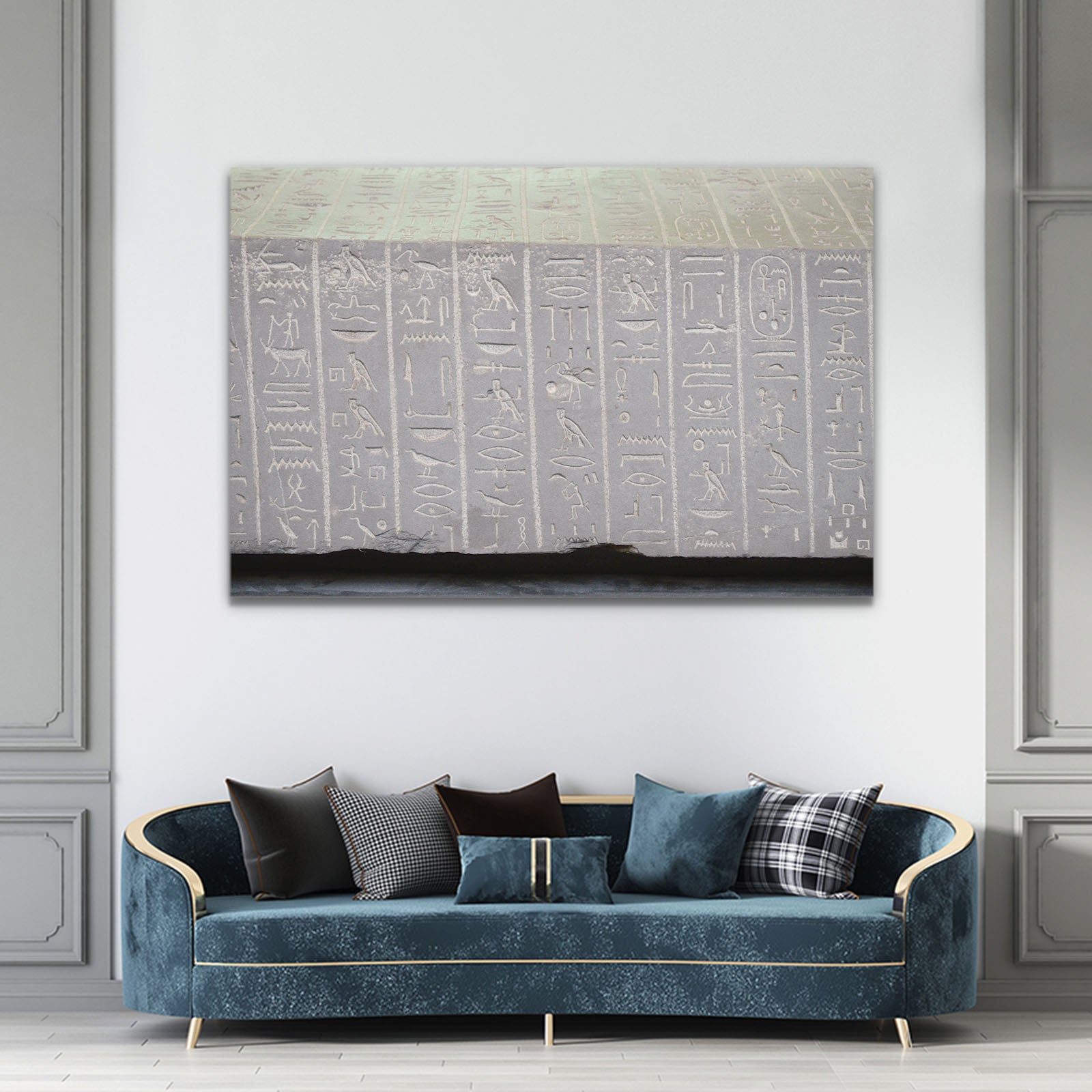 Grey Stone Hieroglyphs Egyptian Wall Decor – styled in a furnished interior