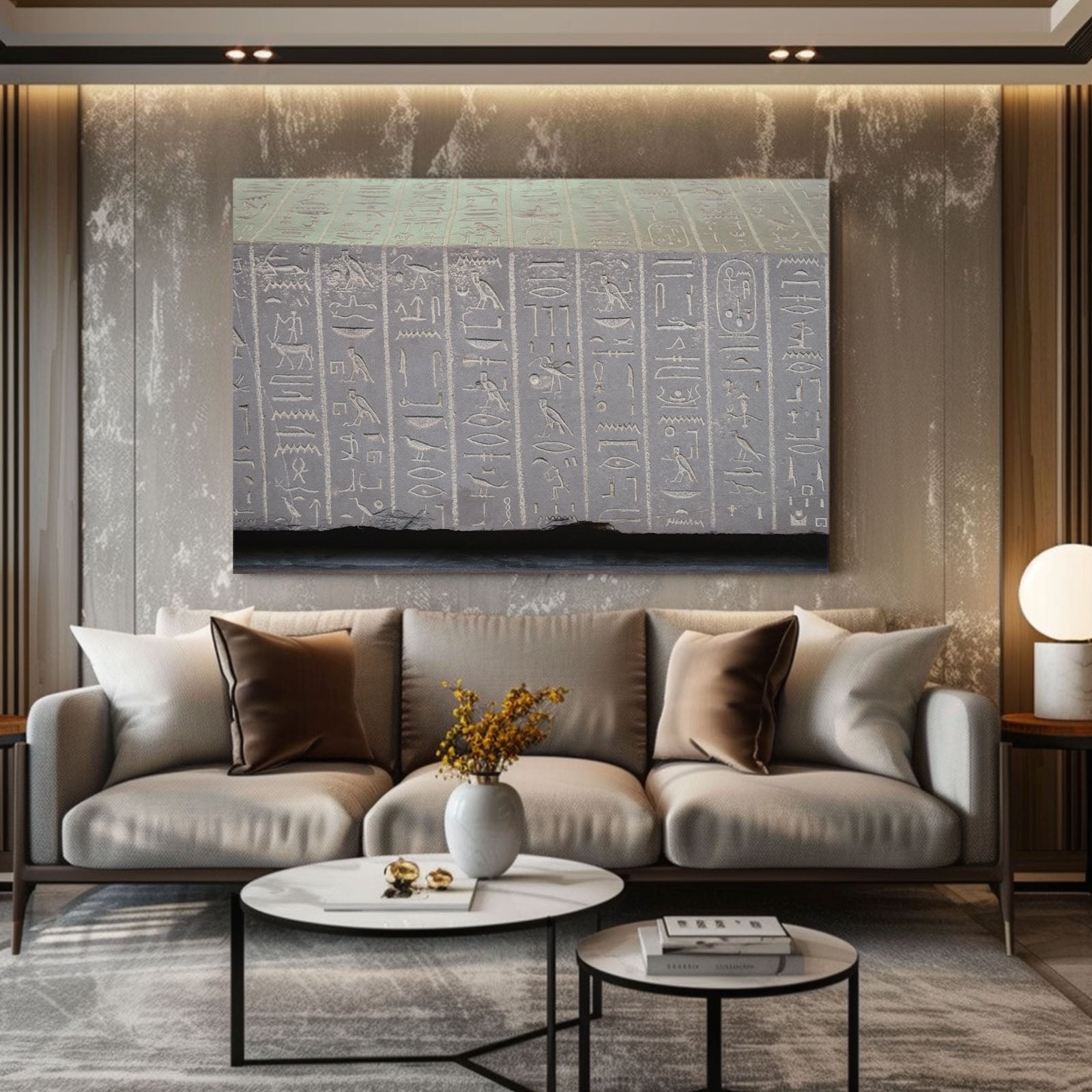 Grey Stone Hieroglyphs Egyptian Wall Decor – styled in a furnished interior