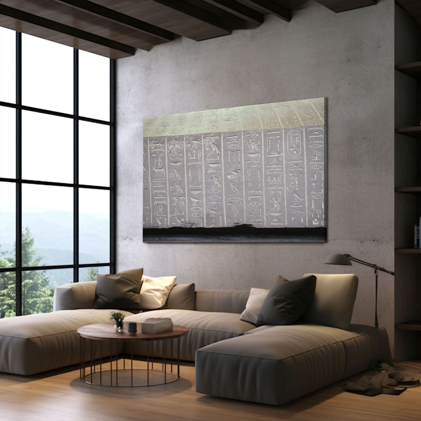 Grey Stone Hieroglyphs Egyptian Wall Decor – styled in a furnished interior