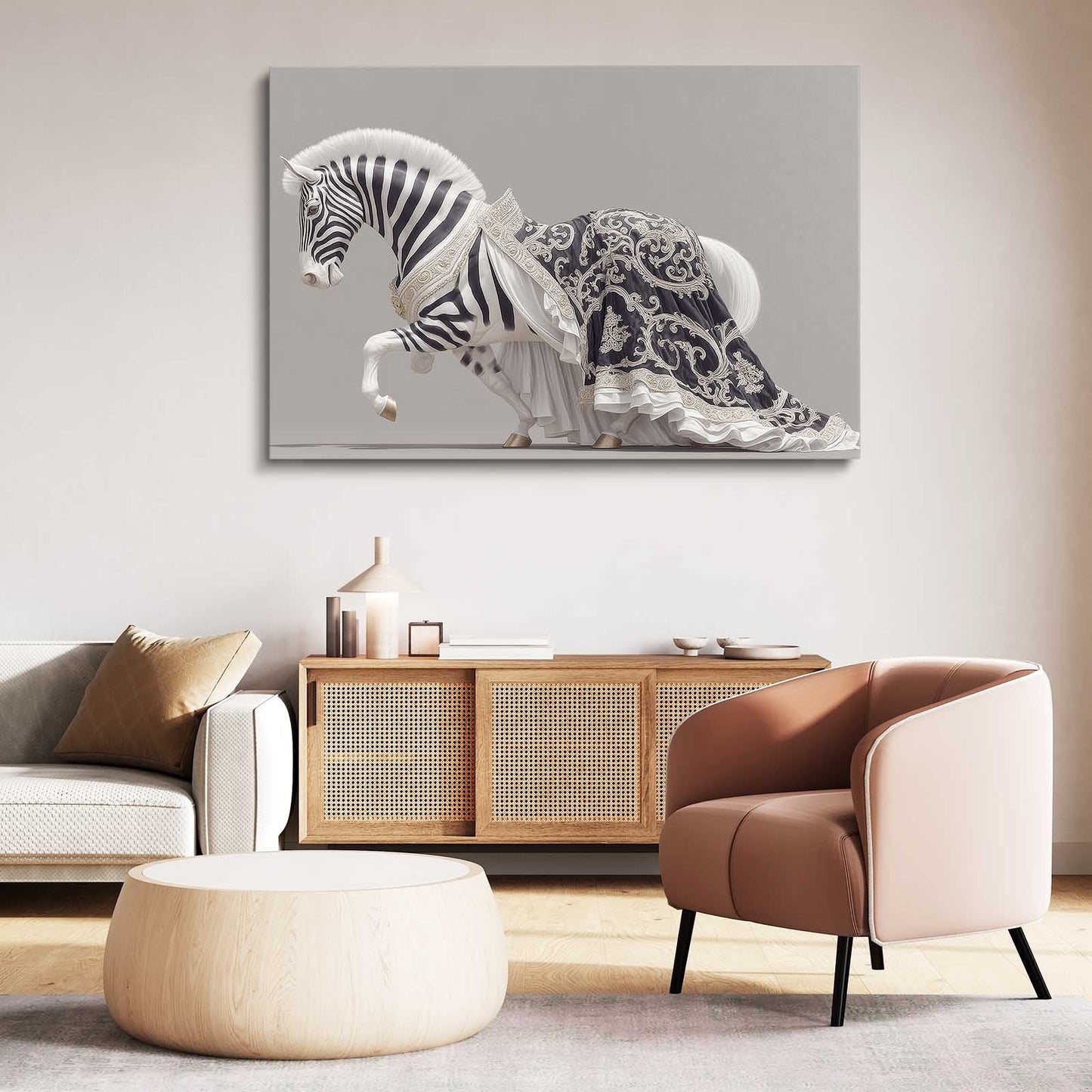 Grey Zebra Canvas – styled in a furnished interior