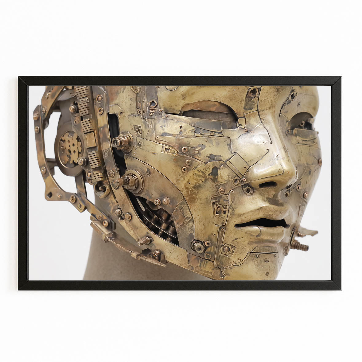 Half-Machine Face Mask Steampunk Wall Decor – with Premium Black frame on white background