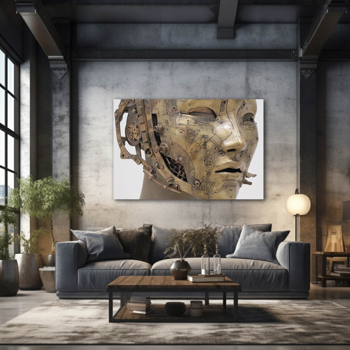 Half-Machine Face Mask Steampunk Wall Decor – styled in a furnished interior