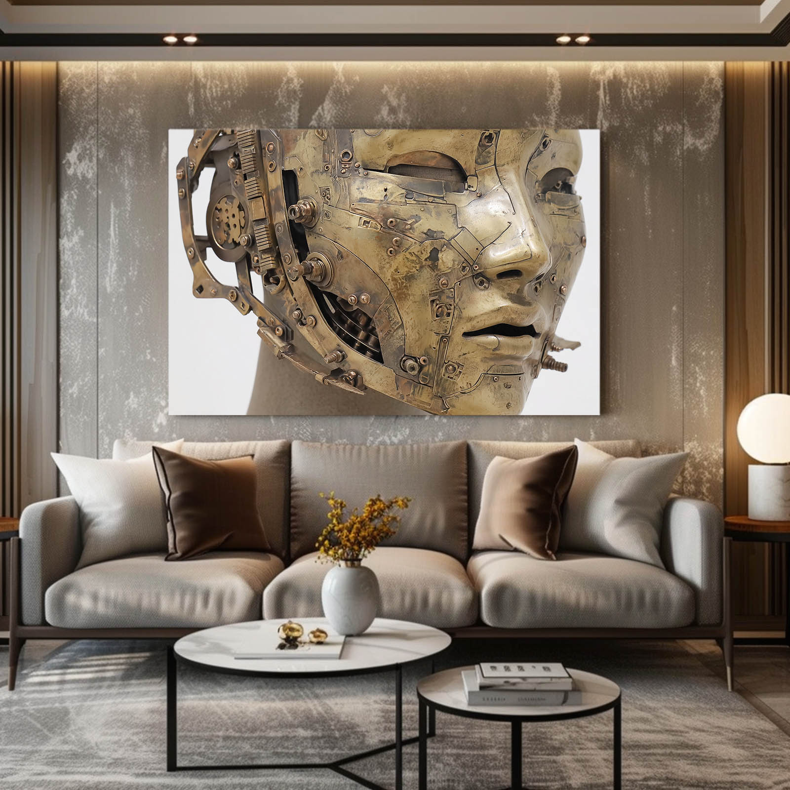 Half-Machine Face Mask Steampunk Wall Decor – styled in a furnished interior