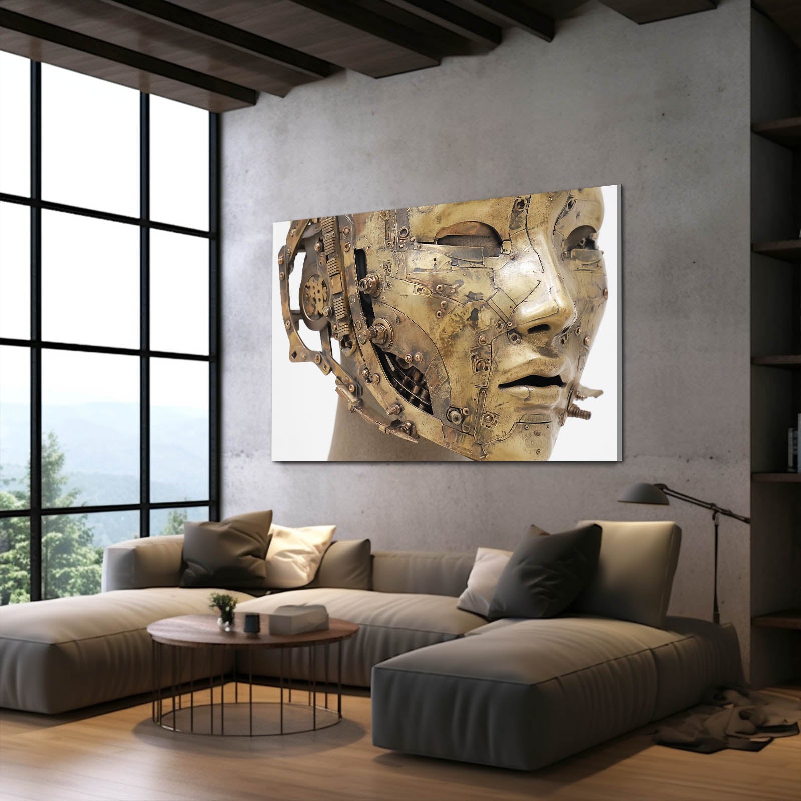 Half-Machine Face Mask Steampunk Wall Decor – styled in a furnished interior