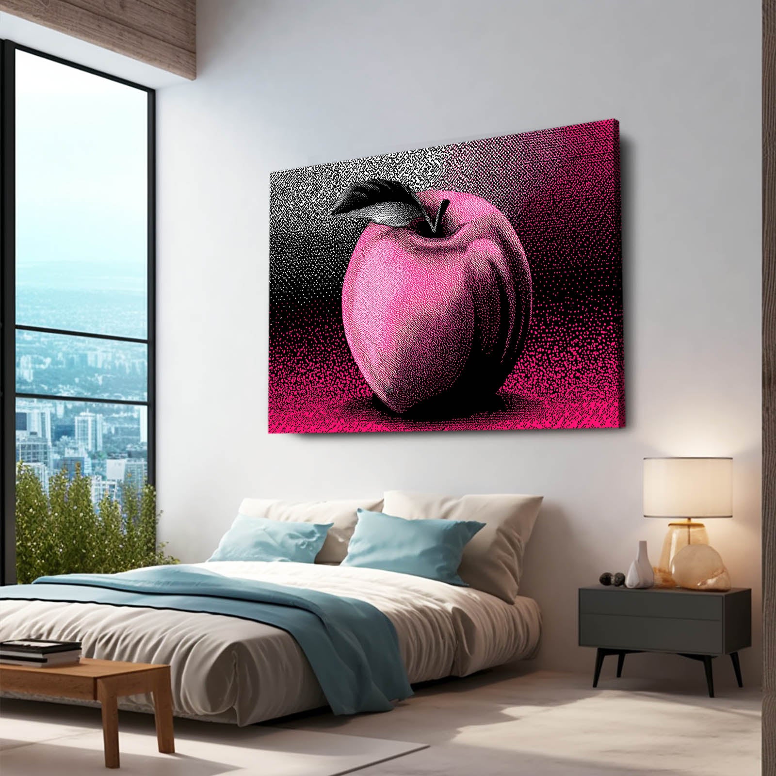 Halftone Pink Pop Apple Prints – styled in a furnished interior
