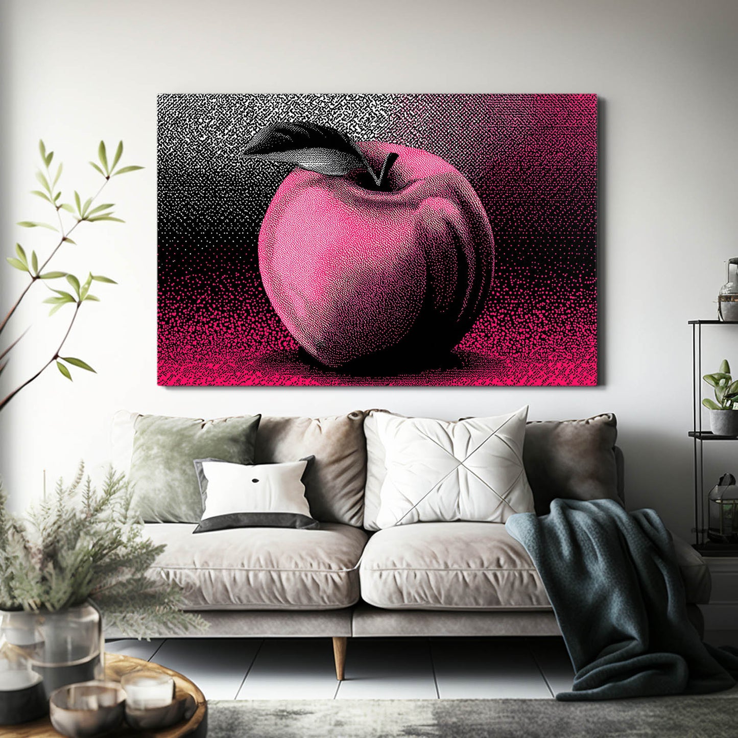Halftone Pink Pop Apple Prints – styled in a furnished interior