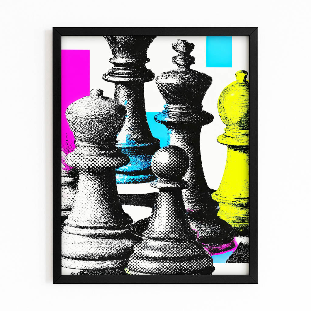 Halftone Pop Pieces Chess Canvas Art – with Premium Black frame on white background