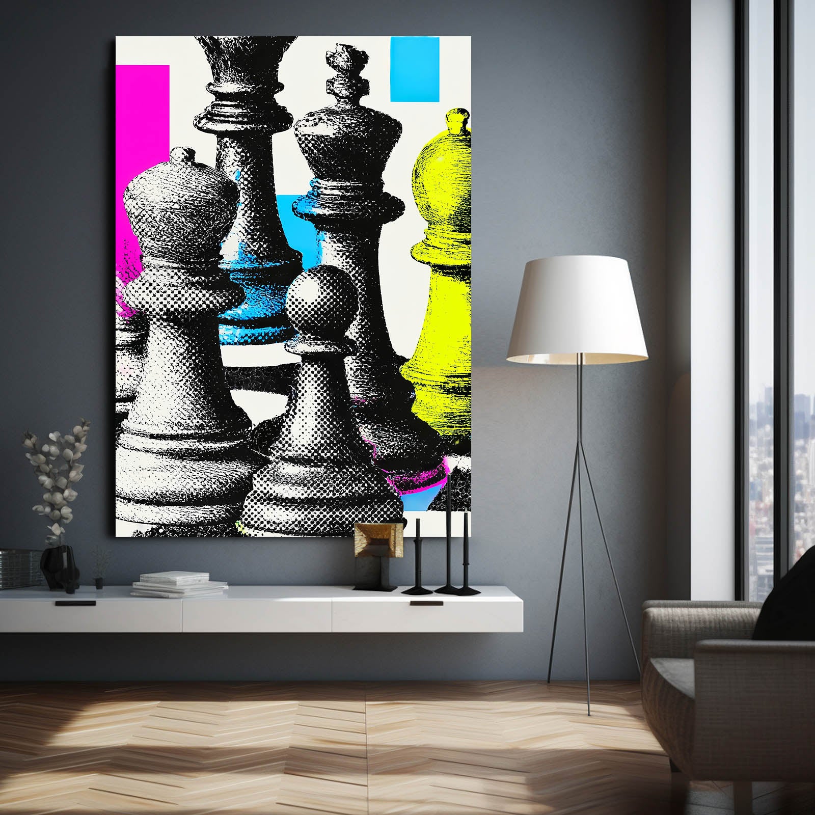 Halftone Pop Pieces Chess Canvas Art – styled in a furnished interior