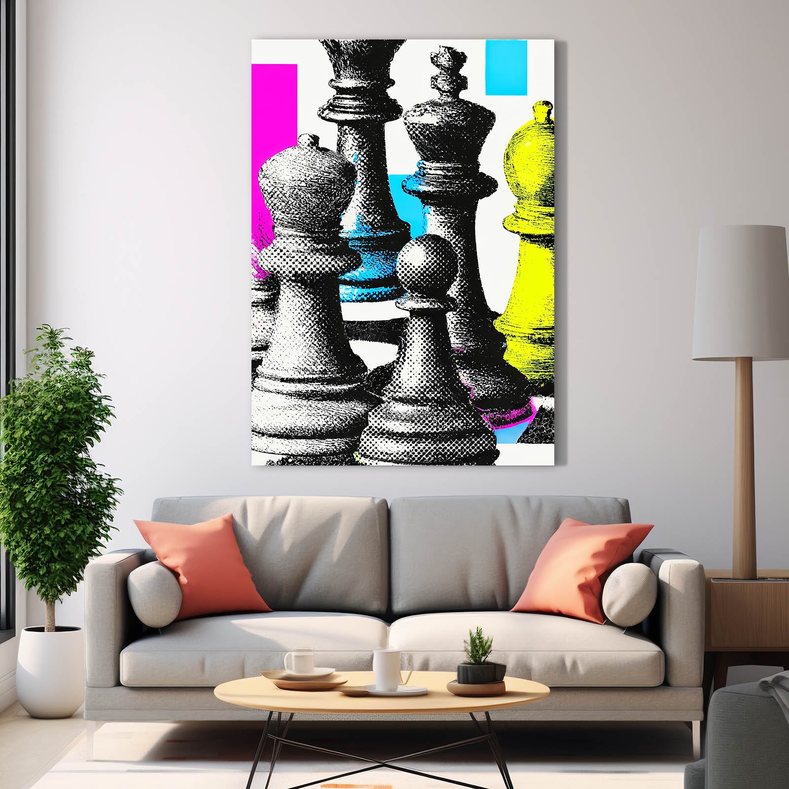 Halftone Pop Pieces Chess Canvas Art – styled in a furnished interior