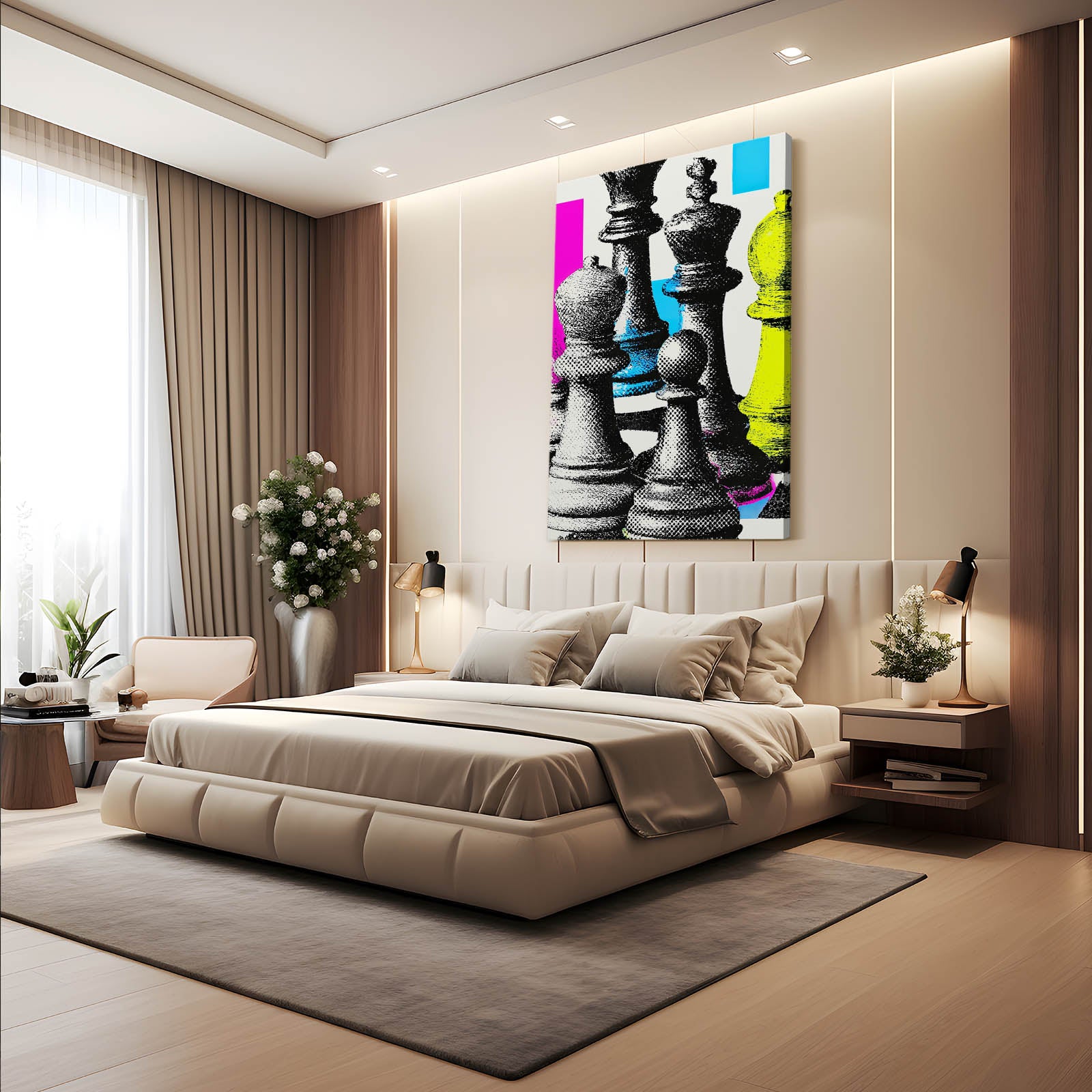 Halftone Pop Pieces Chess Canvas Art – styled in a furnished interior