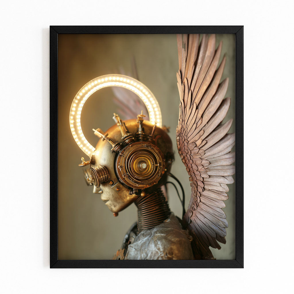 Haloed Clockwork Woman Steampunk Canvas Art – with Premium Black frame on white background