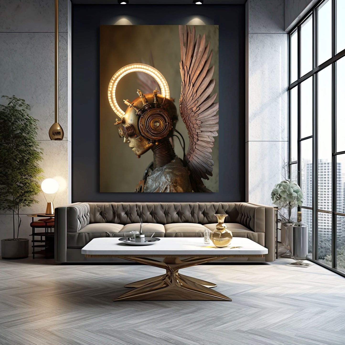 Haloed Clockwork Woman Steampunk Canvas Art – styled in a furnished interior