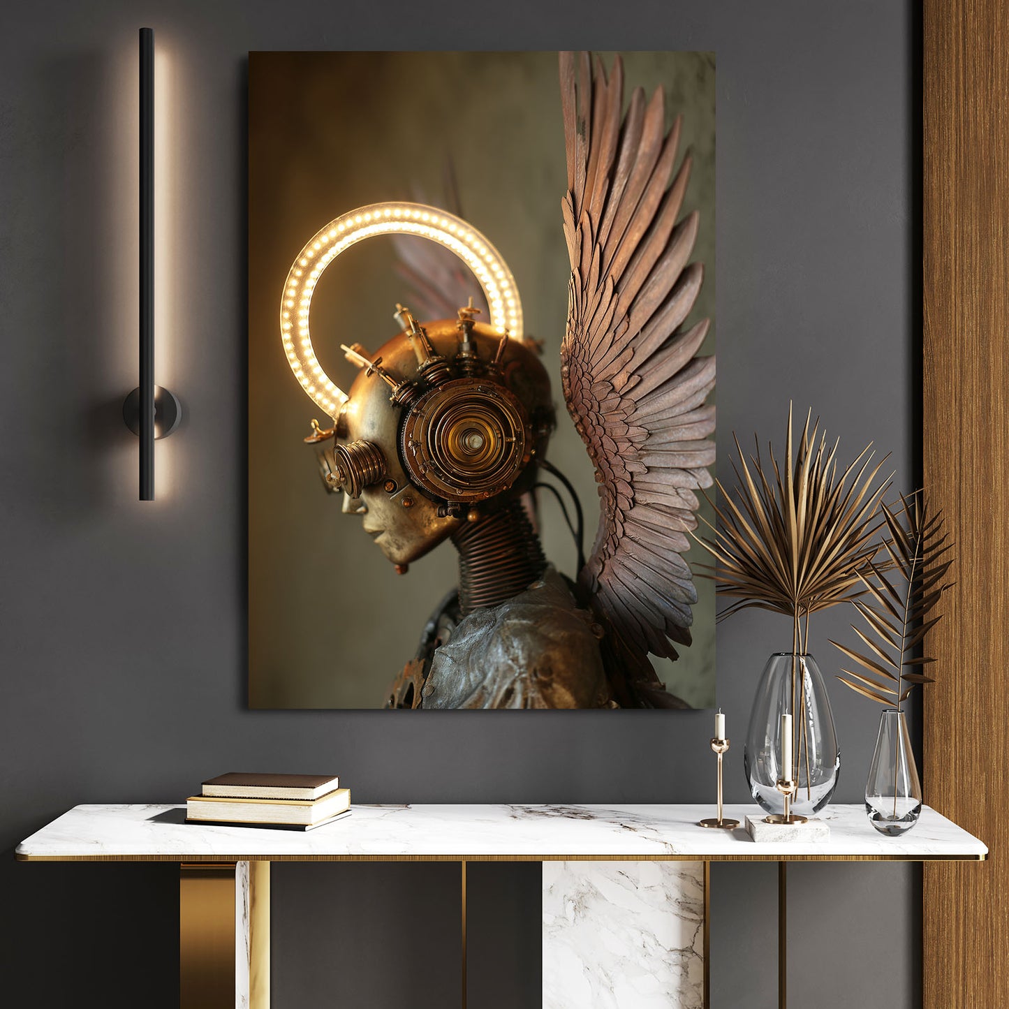 Haloed Clockwork Woman Steampunk Canvas Art – styled in a furnished interior