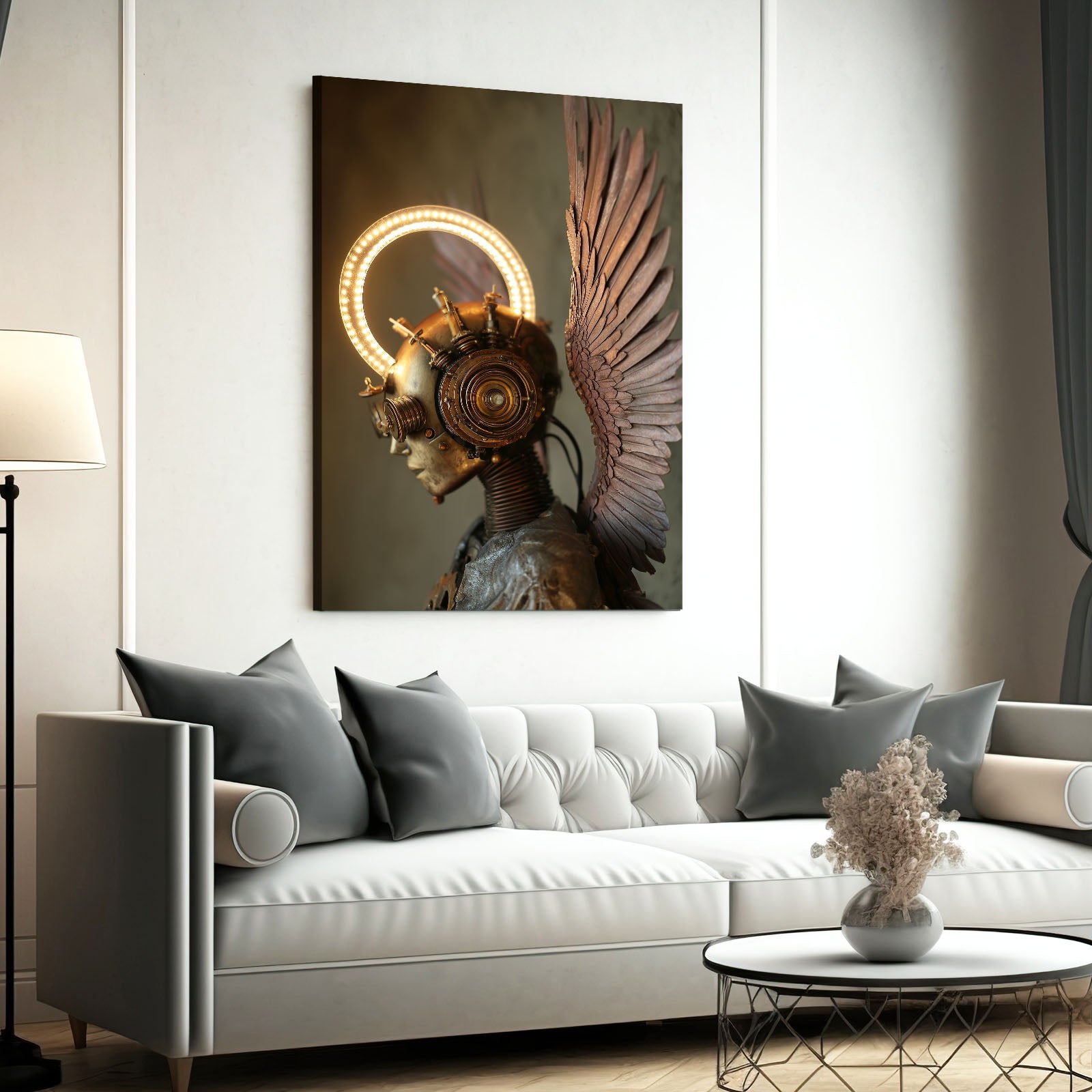 Haloed Clockwork Woman Steampunk Canvas Art – styled in a furnished interior