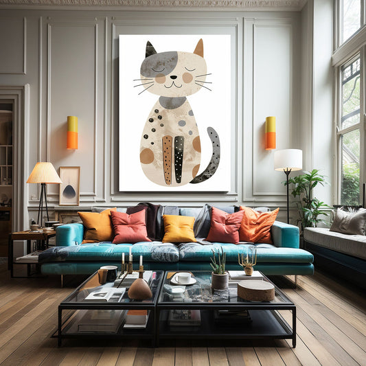 Happy Minimalist Cat Wall Art — cute canvas print in white tones, view 3