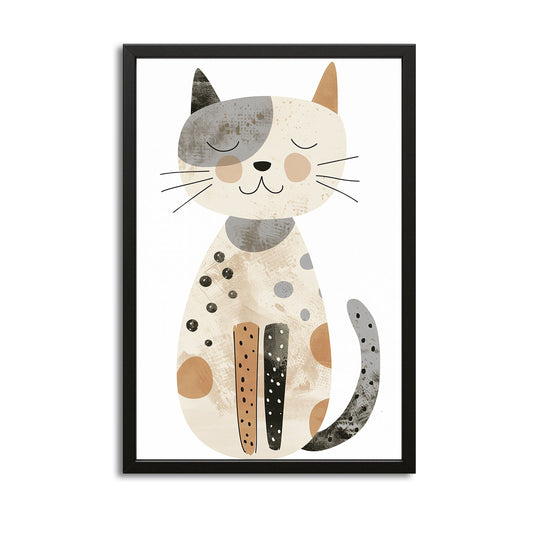 Happy Minimalist Cat Wall Art — cute canvas print in white tones, with Premium Black frame on white background
