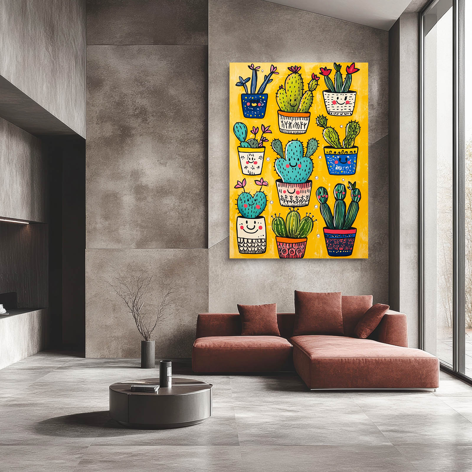 Happy Potted Pattern Cactus Wall Decor – styled in a furnished interior