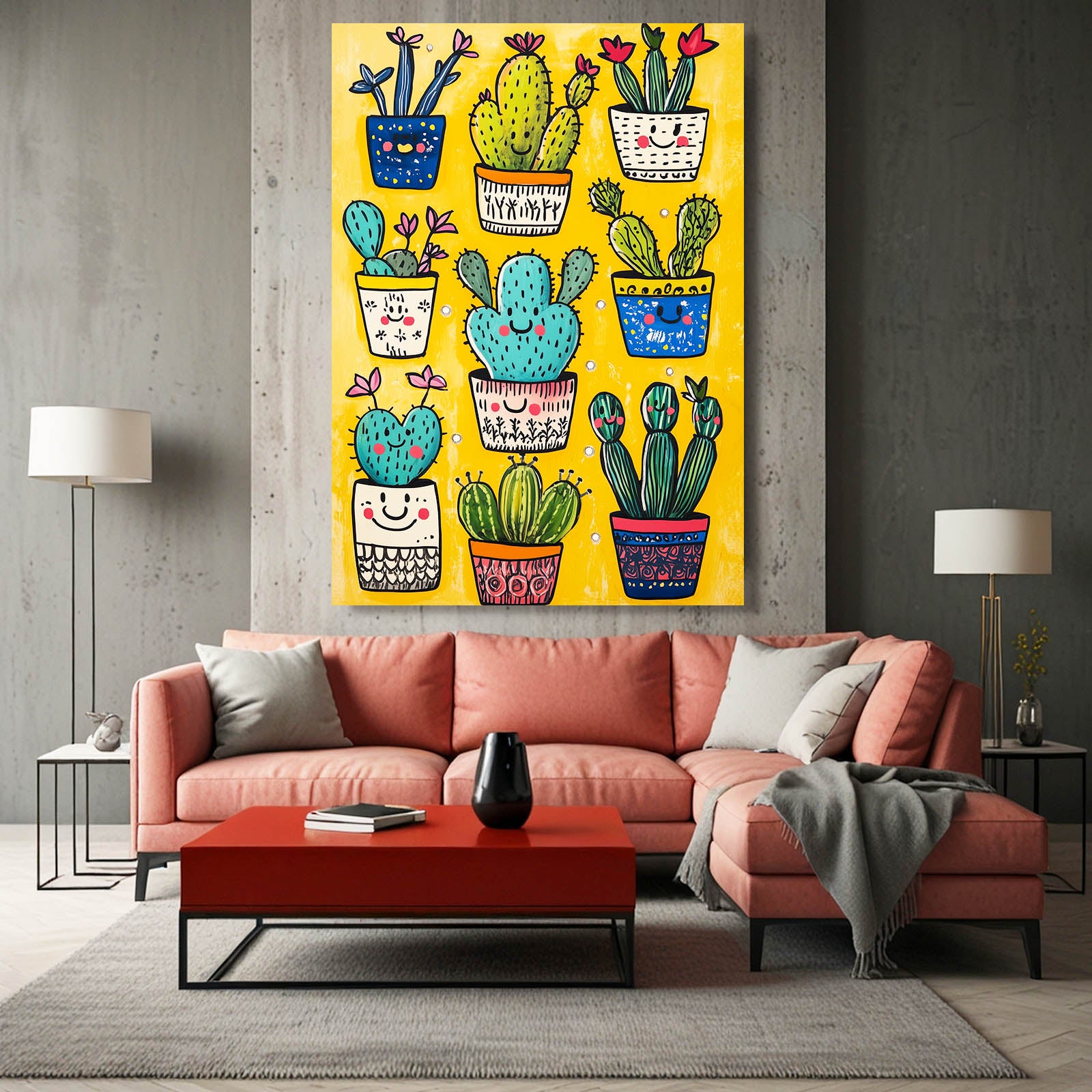 Happy Potted Pattern Cactus Wall Decor – styled in a furnished interior