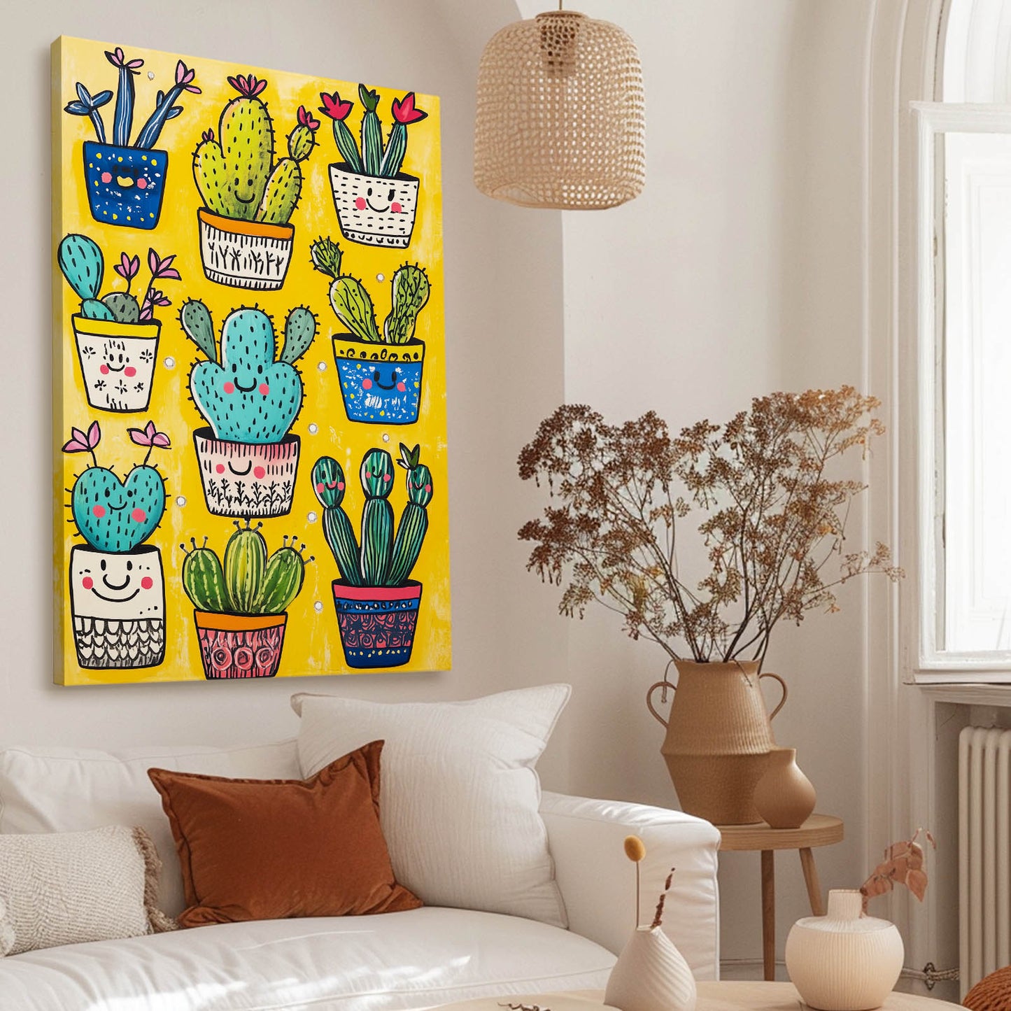 Happy Potted Pattern Cactus Wall Decor – styled in a furnished interior