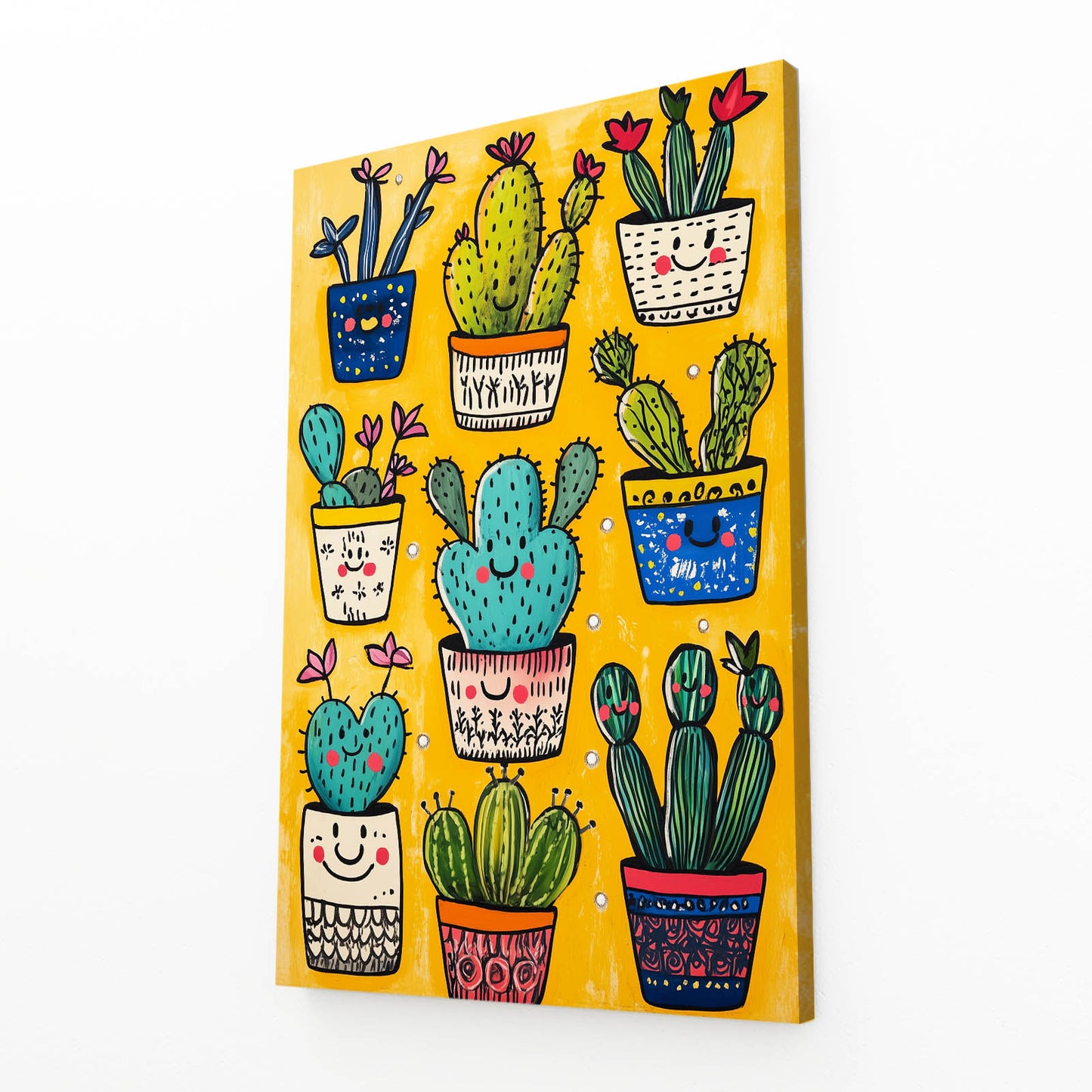 Happy Potted Pattern Cactus Wall Decor – angled canvas view on white background
