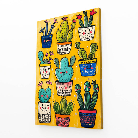 Happy Potted Pattern Cactus Wall Decor – angled canvas view on white background
