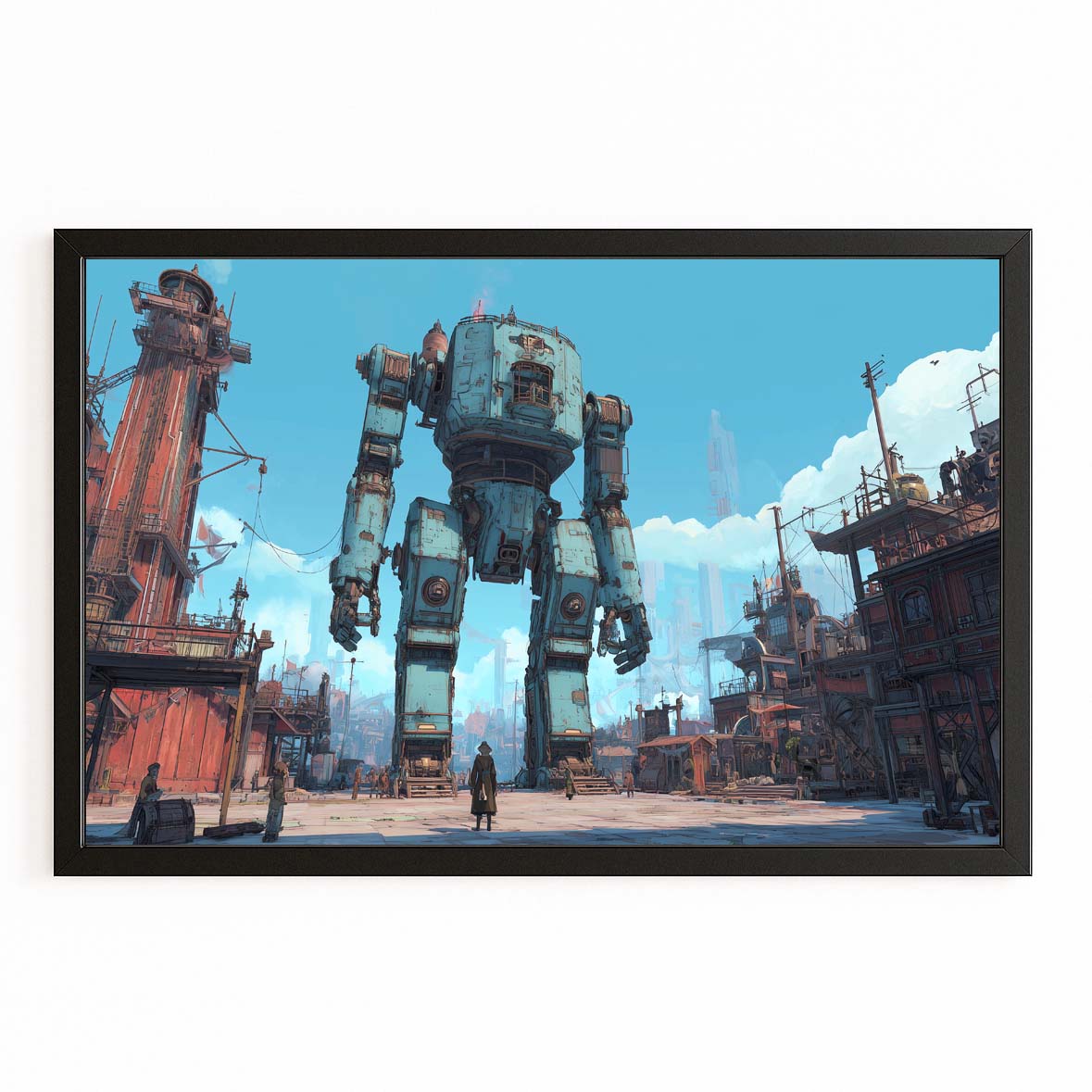 Harbor Battle Mech Steampunk Canvas – with Premium Black frame on white background