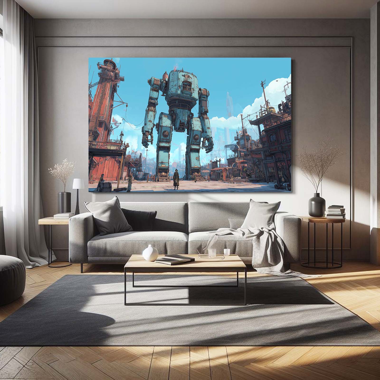Harbor Battle Mech Steampunk Canvas – styled in a furnished interior
