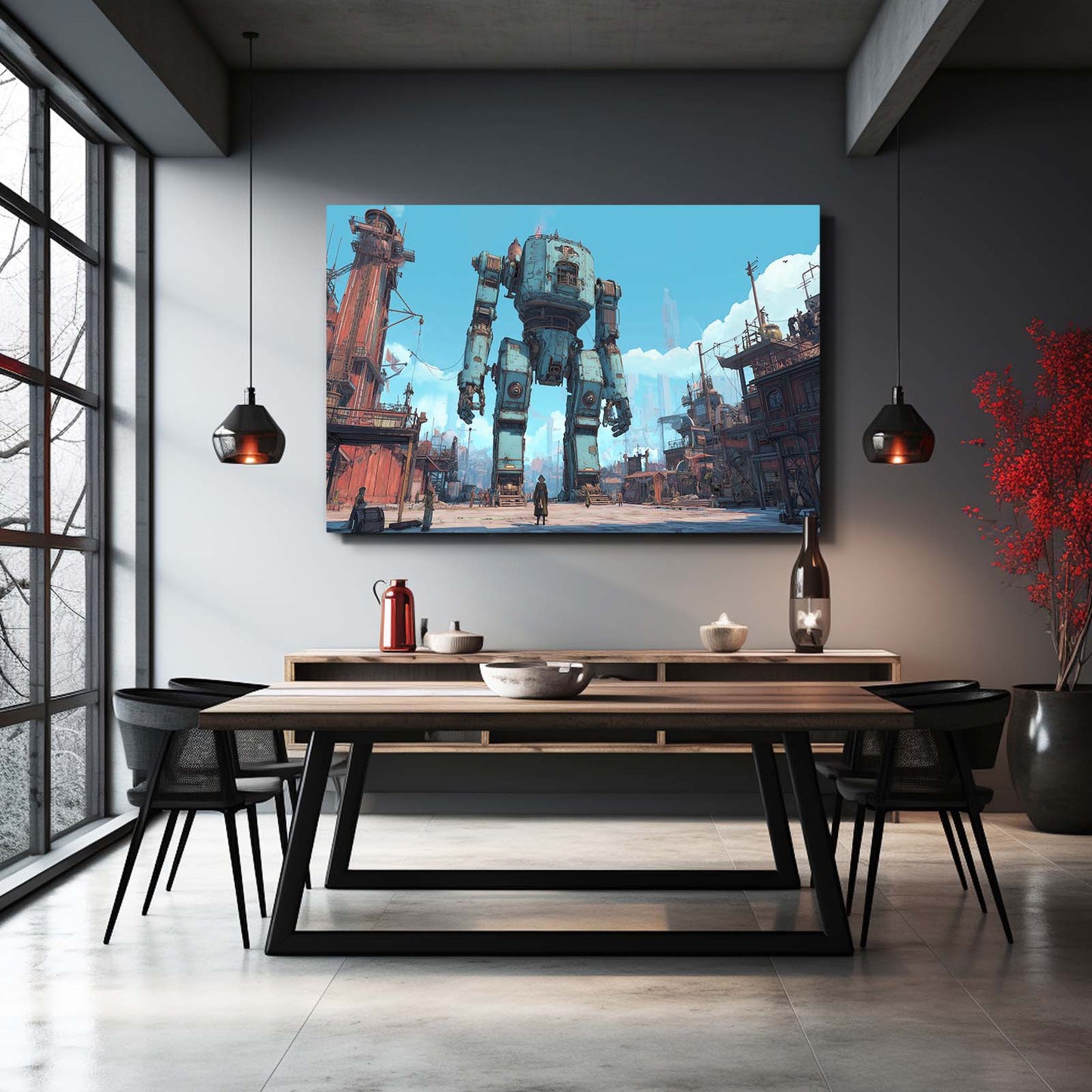 Harbor Battle Mech Steampunk Canvas – styled in a furnished interior