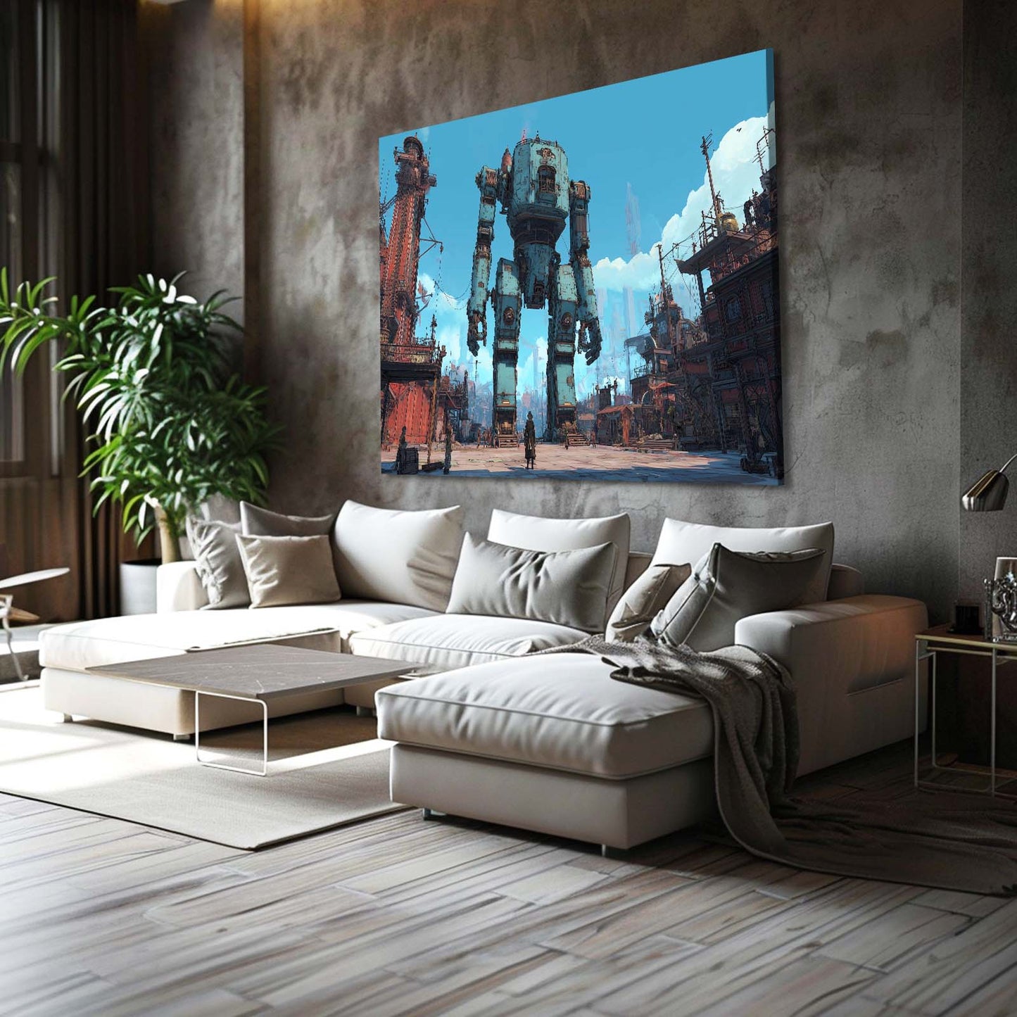 Harbor Battle Mech Steampunk Canvas – styled in a furnished interior