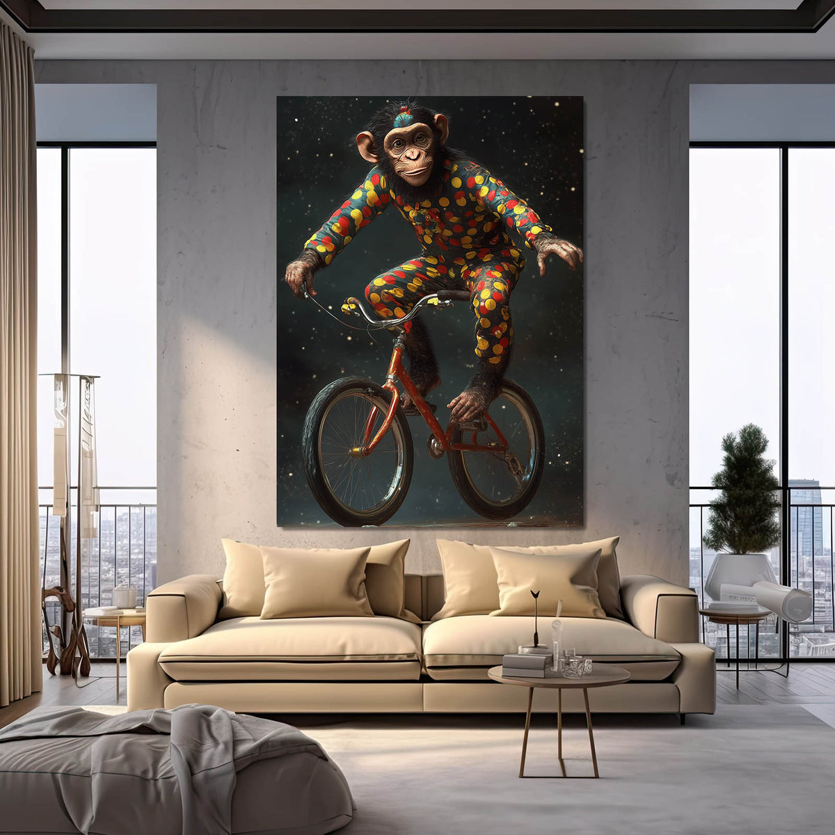 Harlequin Night Cyclist Monkey Prints — surrealism canvas print, styled in a furnished interior