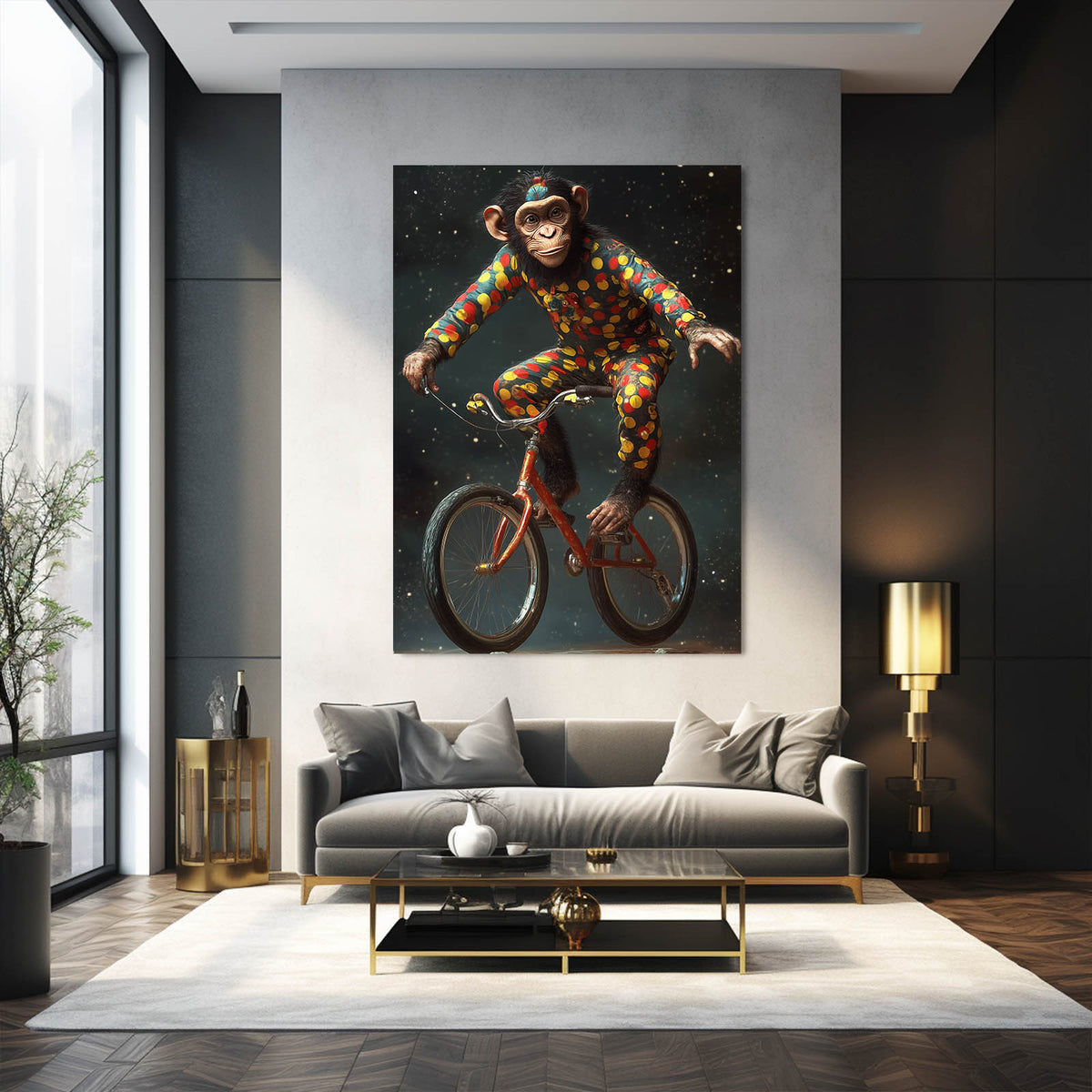 Harlequin Night Cyclist Monkey Prints — surrealism canvas print, styled in a furnished interior