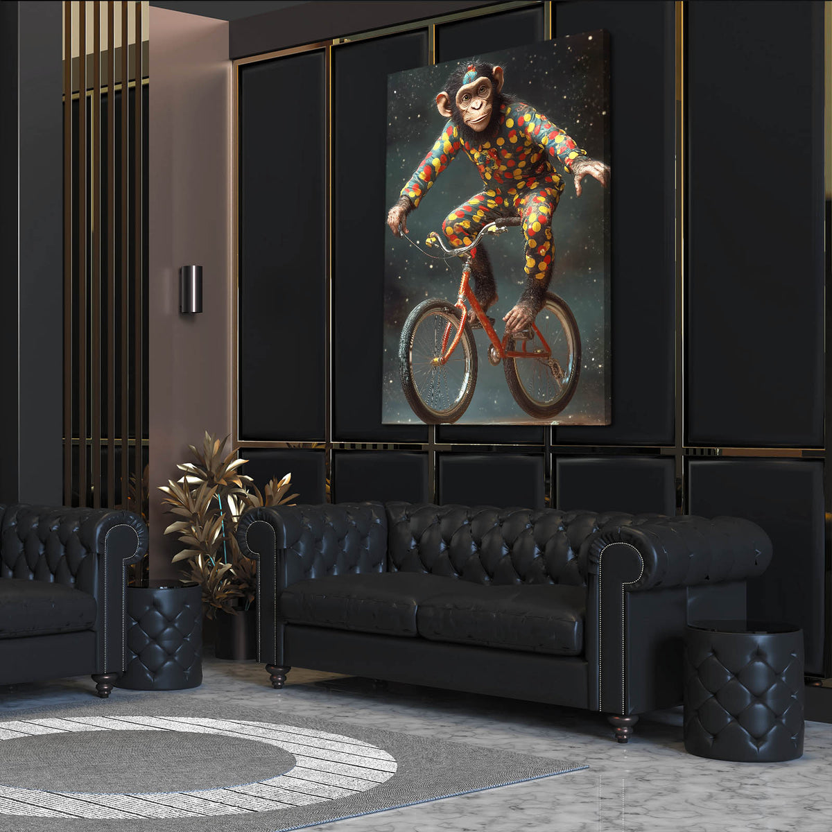 Harlequin Night Cyclist Monkey Prints — surrealism canvas print, styled in a furnished interior