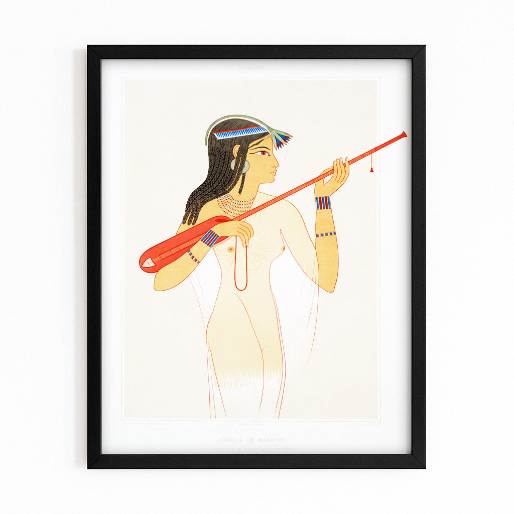 Harp Player Illustration Egyptian Prints – with Premium Black frame on white background