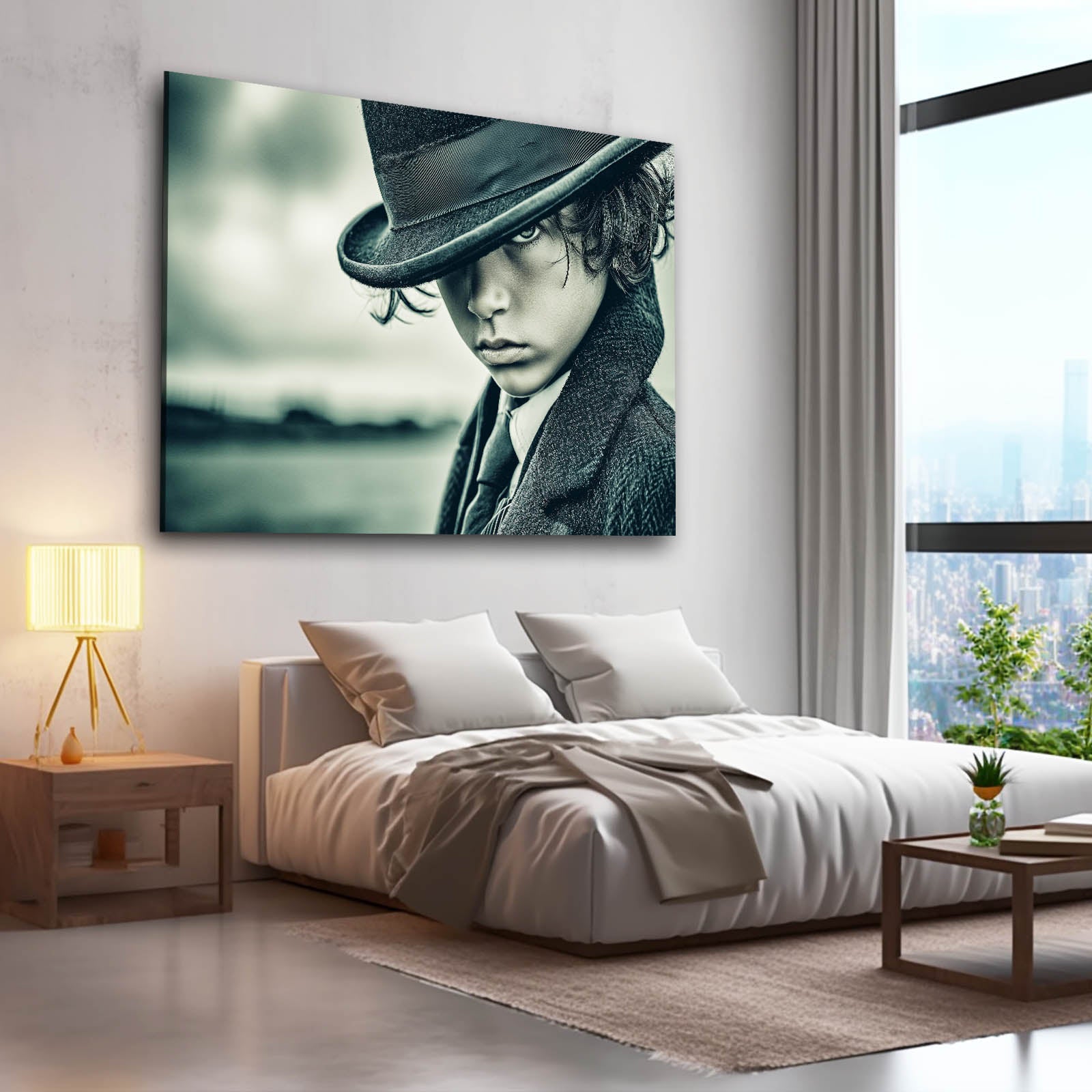 Hat Lake Portrait Photography Canvas Art – styled in a furnished interior