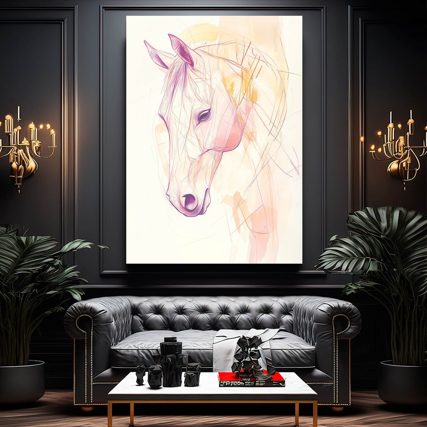 Head Line Art Horse Wall Art – angled canvas view on white background