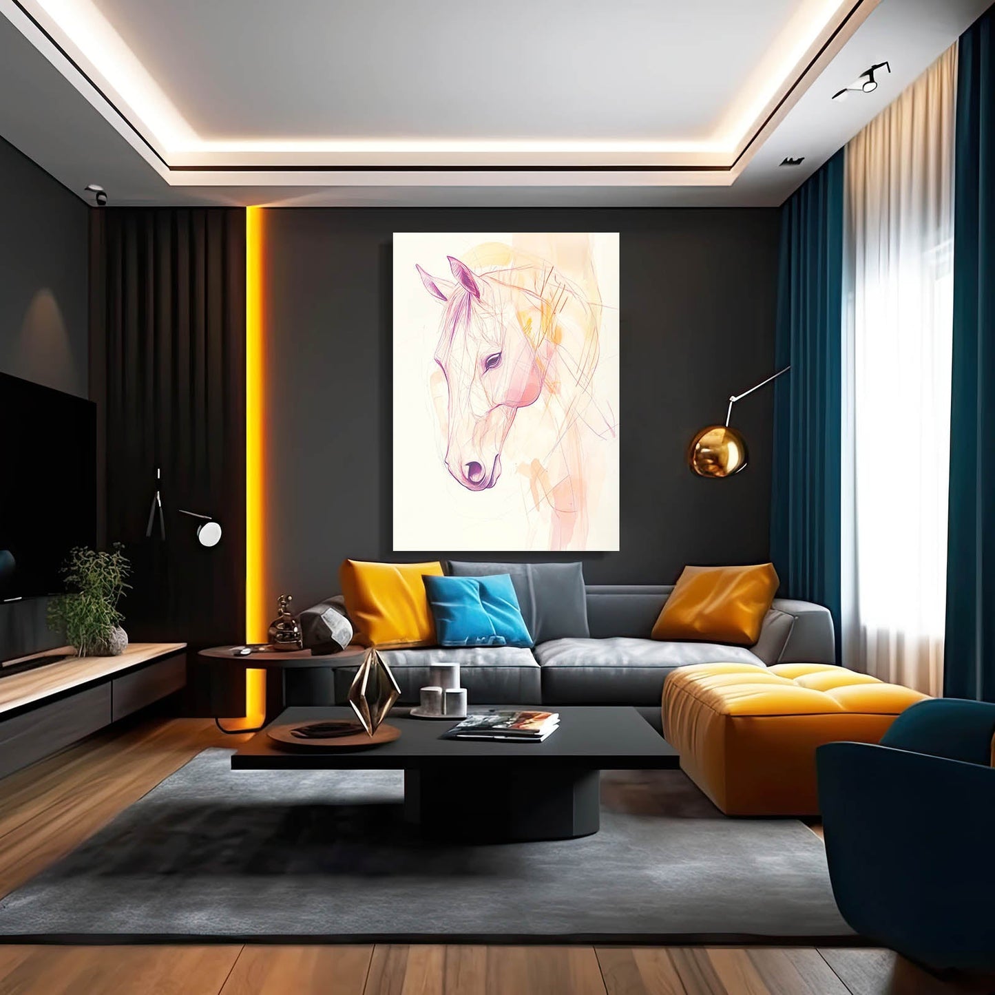 Head Line Art Horse Wall Art – angled canvas view on white background