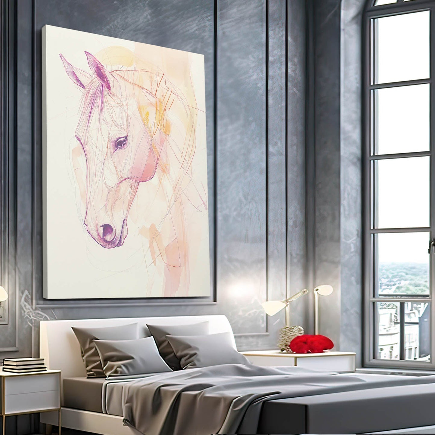 Head Line Art Horse Wall Art – angled canvas view on white background
