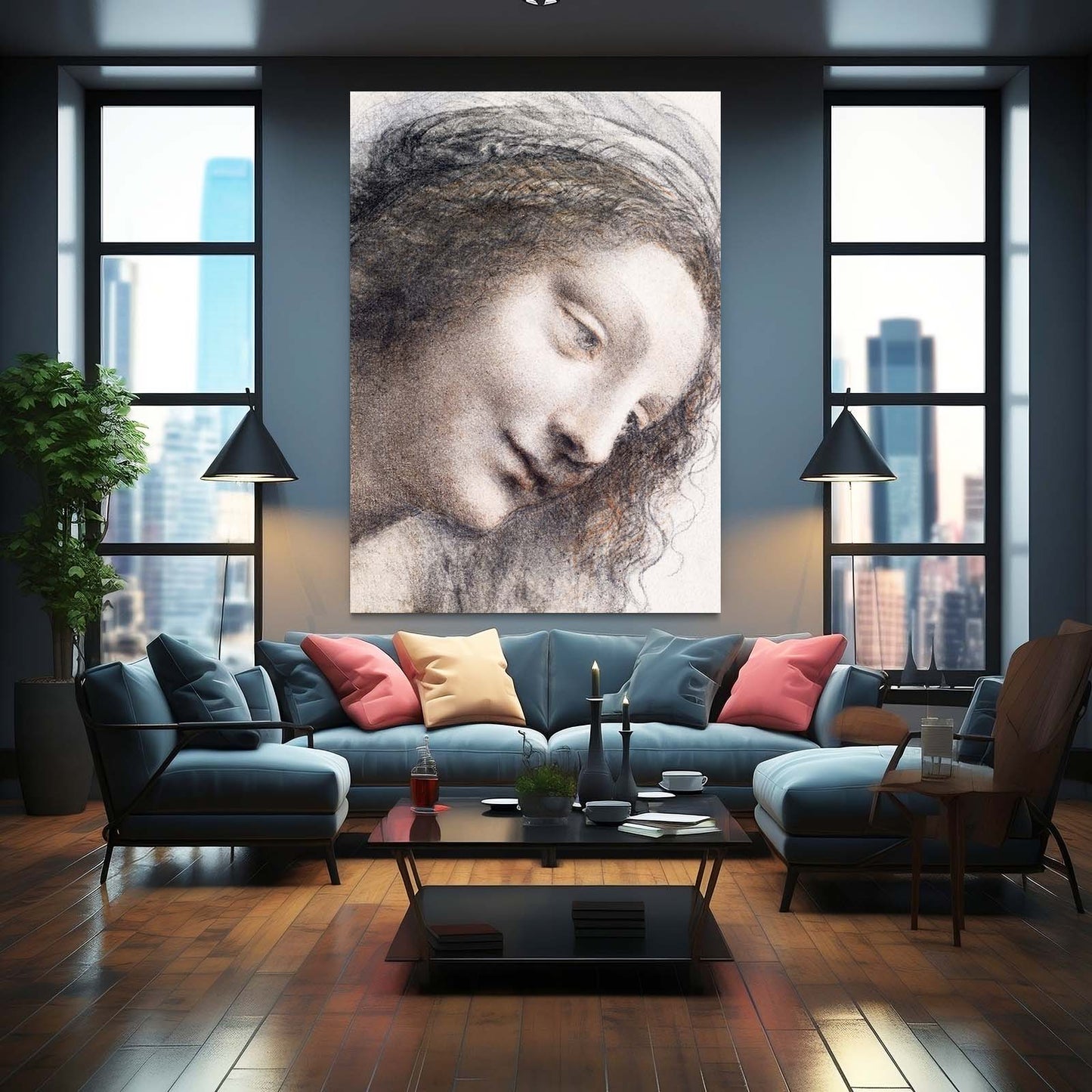 Head Of The Virgin Da Vinci Art – styled in a furnished interior