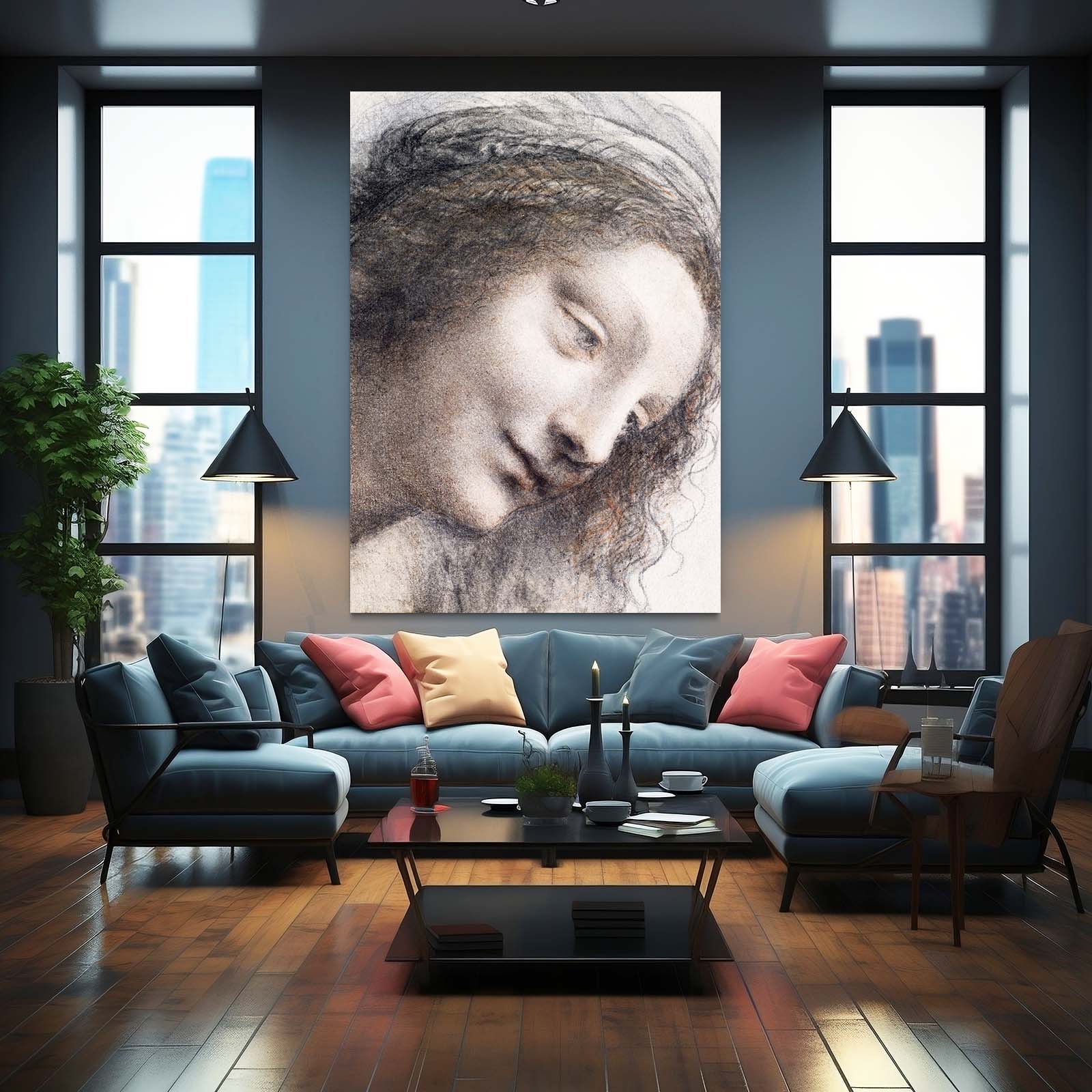 Head Of The Virgin Da Vinci Art – styled in a furnished interior