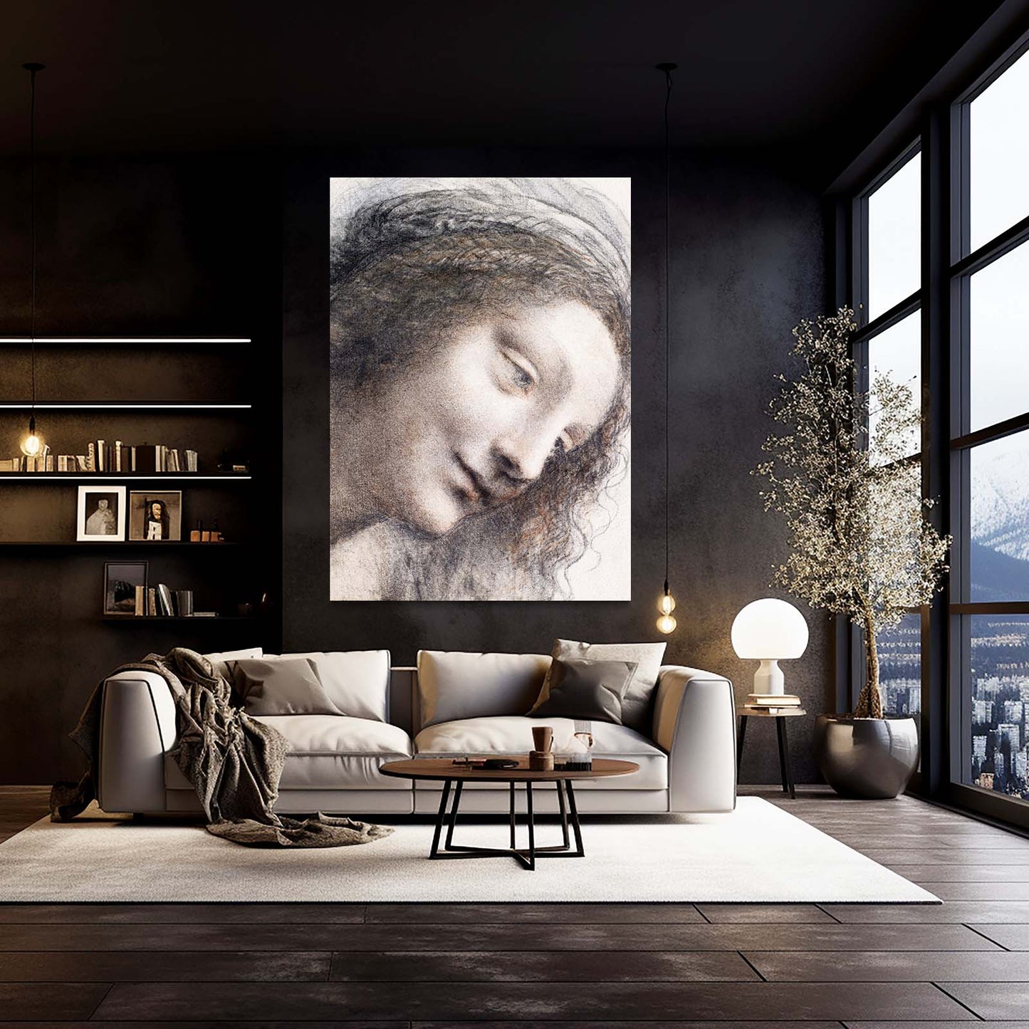Head Of The Virgin Da Vinci Art – styled in a furnished interior