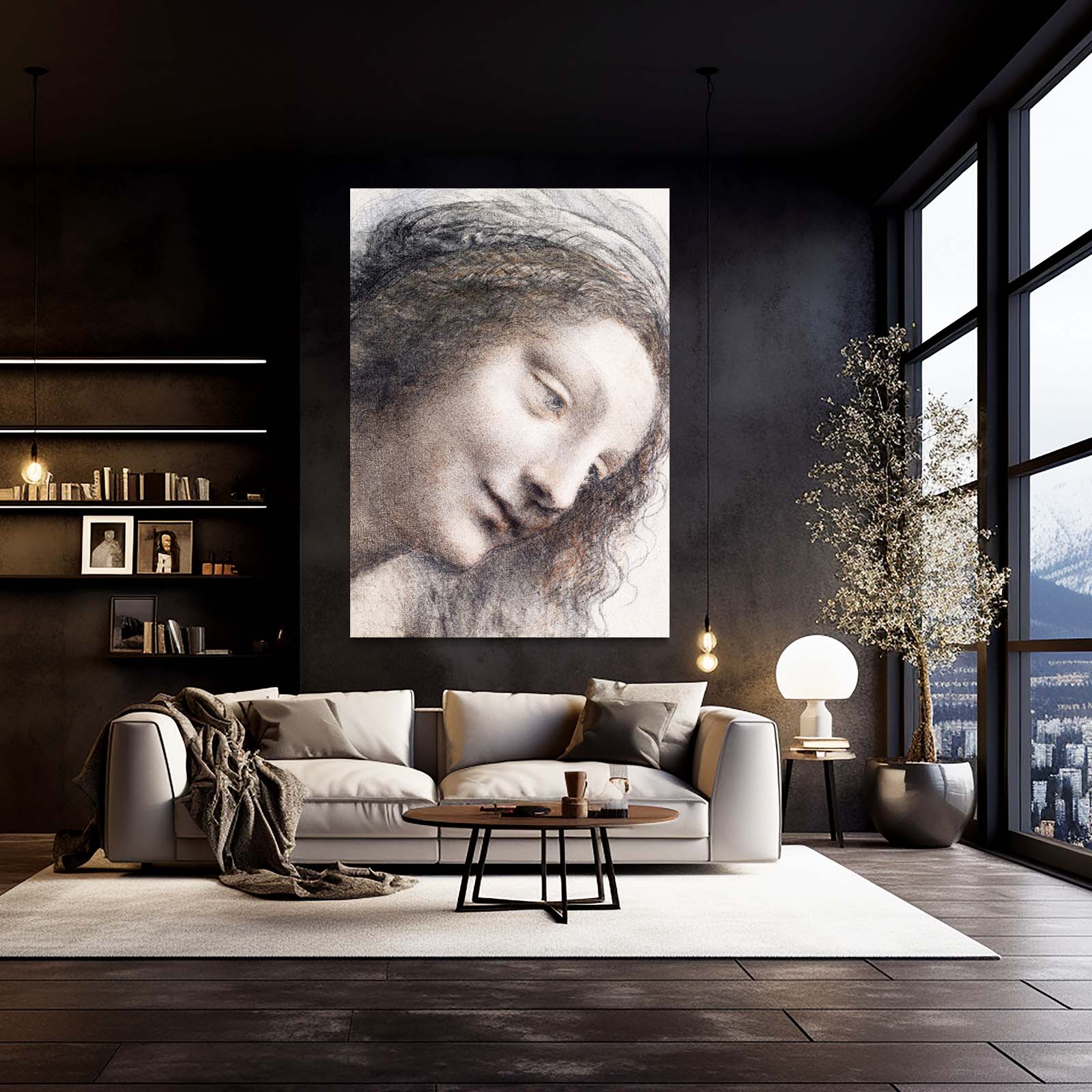 Head Of The Virgin Da Vinci Art – styled in a furnished interior